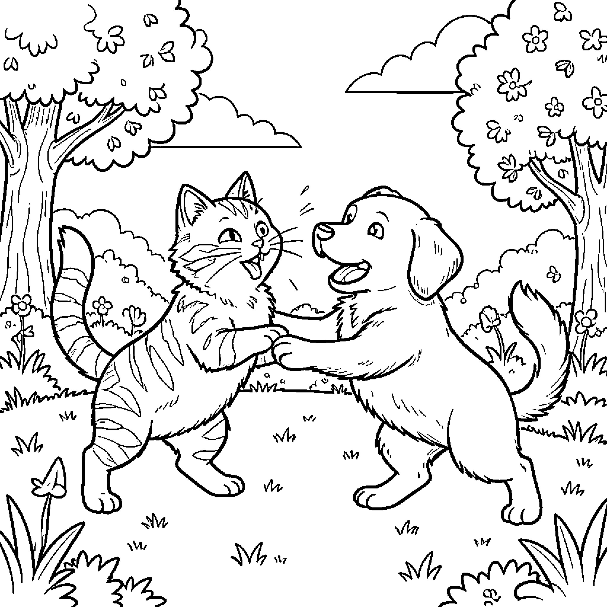 Cat and Dog playing happily in the park Coloring Page (free black-and-white line drawing printable PDF for all, from beginners to advanced learners, including children, teens, adults, and seniors)