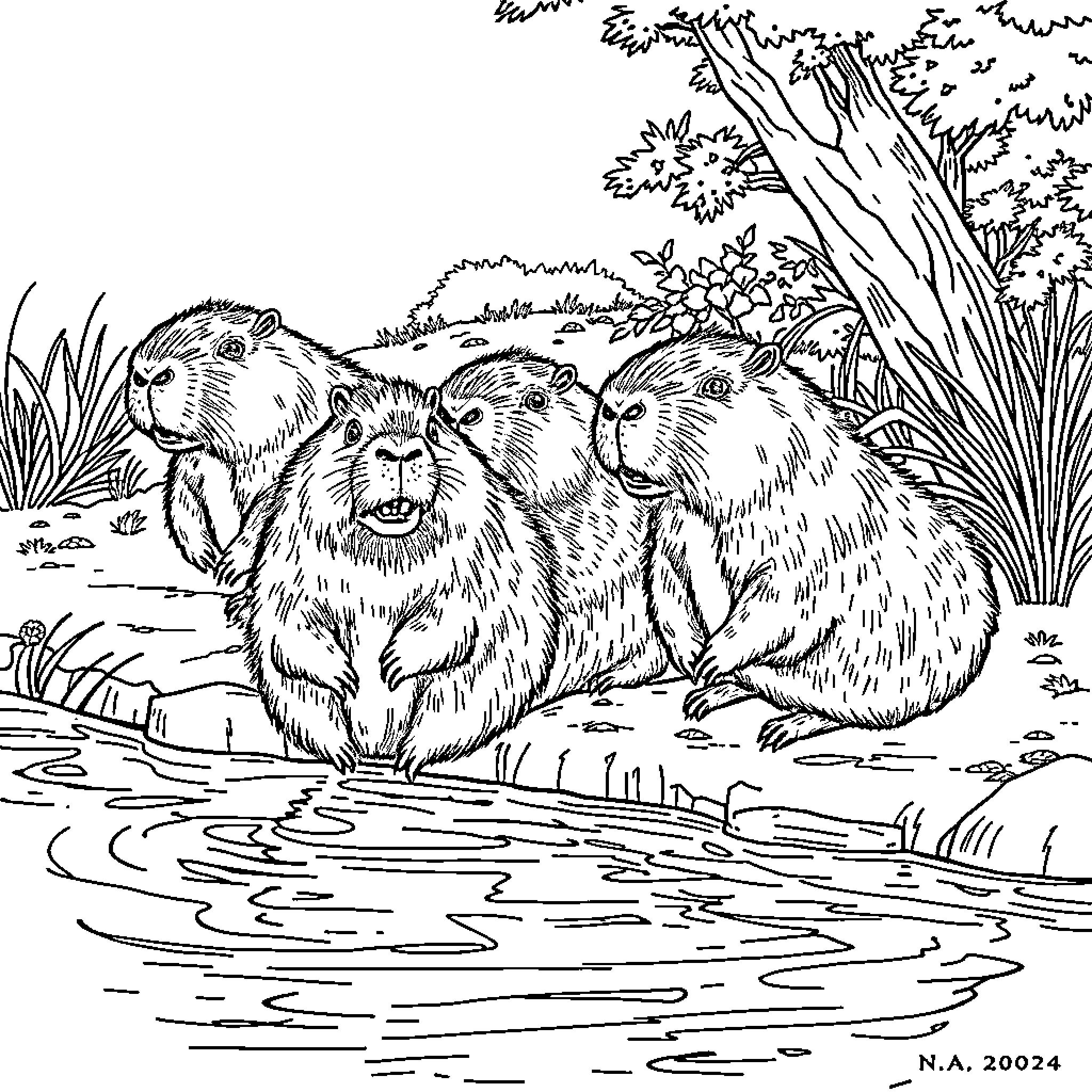 Capybara family relaxing by the pond Coloring Page (free black-and-white line drawing printable PDF for all, from beginners to advanced learners, including children, teens, adults, and seniors)