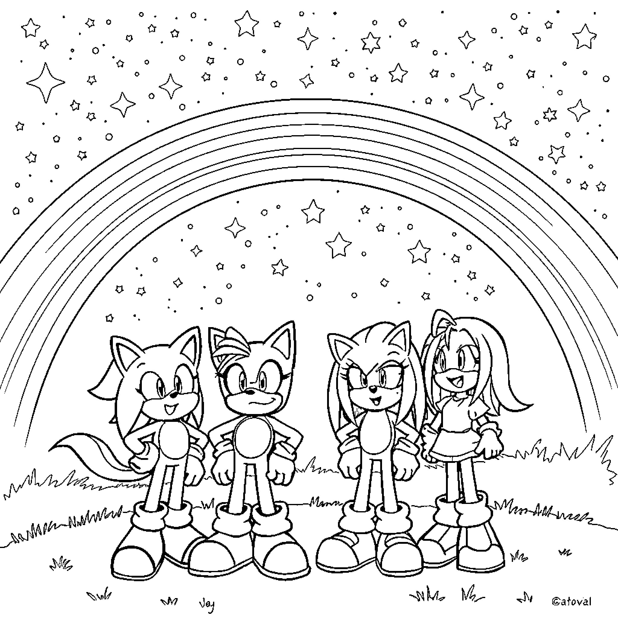 Sonic and friends under starry night sky Coloring Page (free black-and-white line drawing printable PDF for all, from beginners to advanced learners, including children, teens, adults, and seniors)