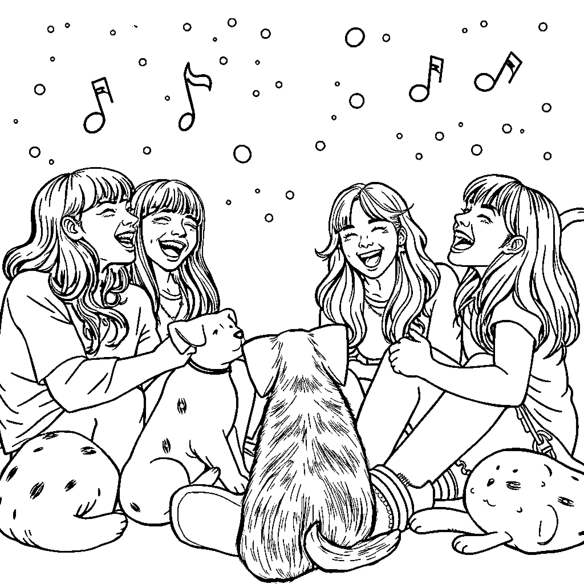 K Pop Friends Singing and Dancing with Puppy Coloring Page (free black-and-white line drawing printable PDF for all, from beginners to advanced learners, including children, teens, adults, and seniors)