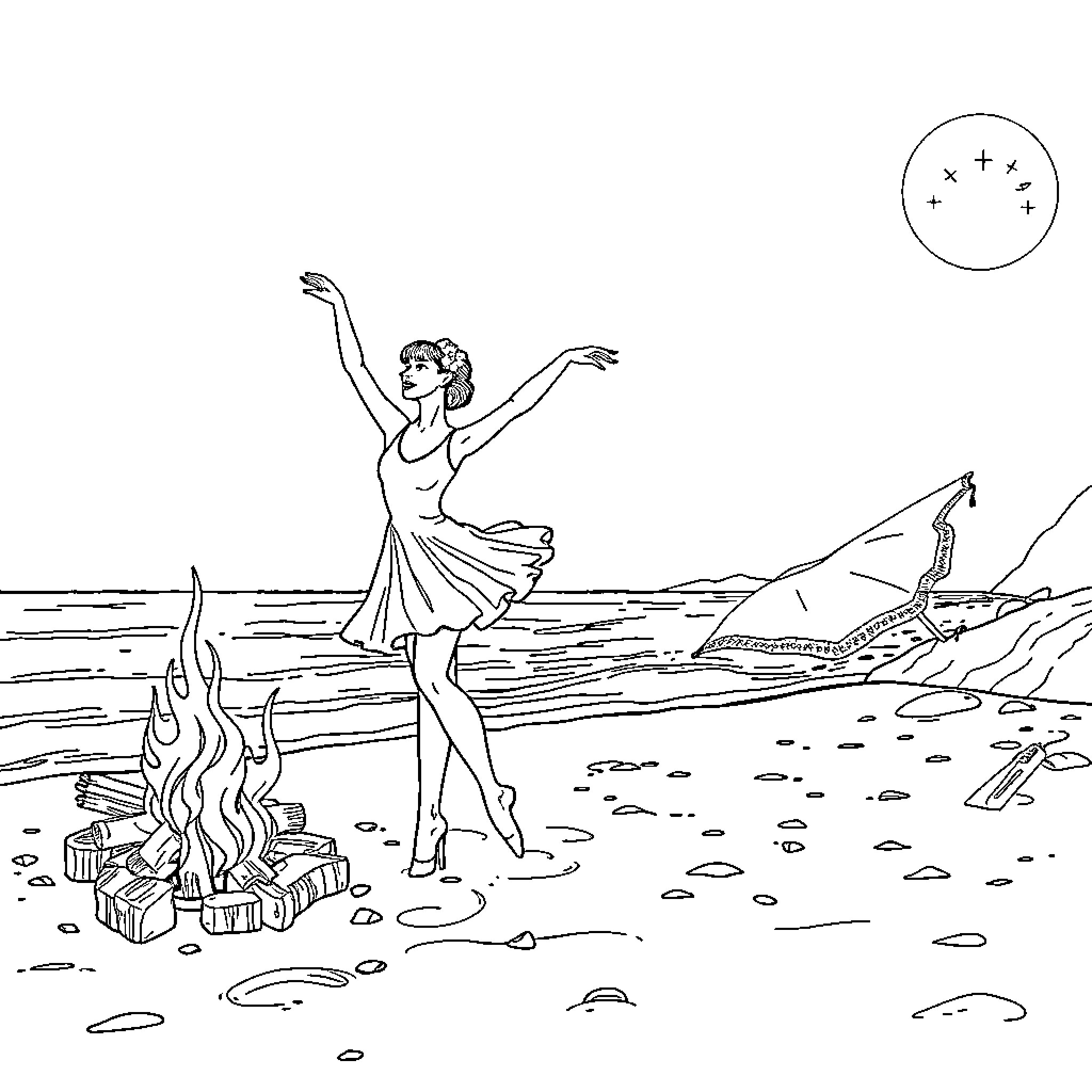 Ballerina dancing passionately by the campfire Coloring Page (free black-and-white line drawing printable PDF for all, from beginners to advanced learners, including children, teens, adults, and seniors)