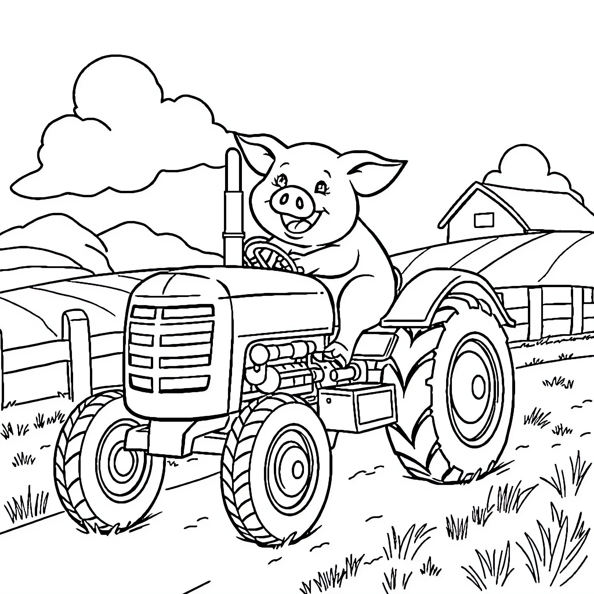 Pig riding a tractor in the countryside Coloring Page (free black-and-white line drawing printable PDF for all, from beginners to advanced learners, including children, teens, adults, and seniors)