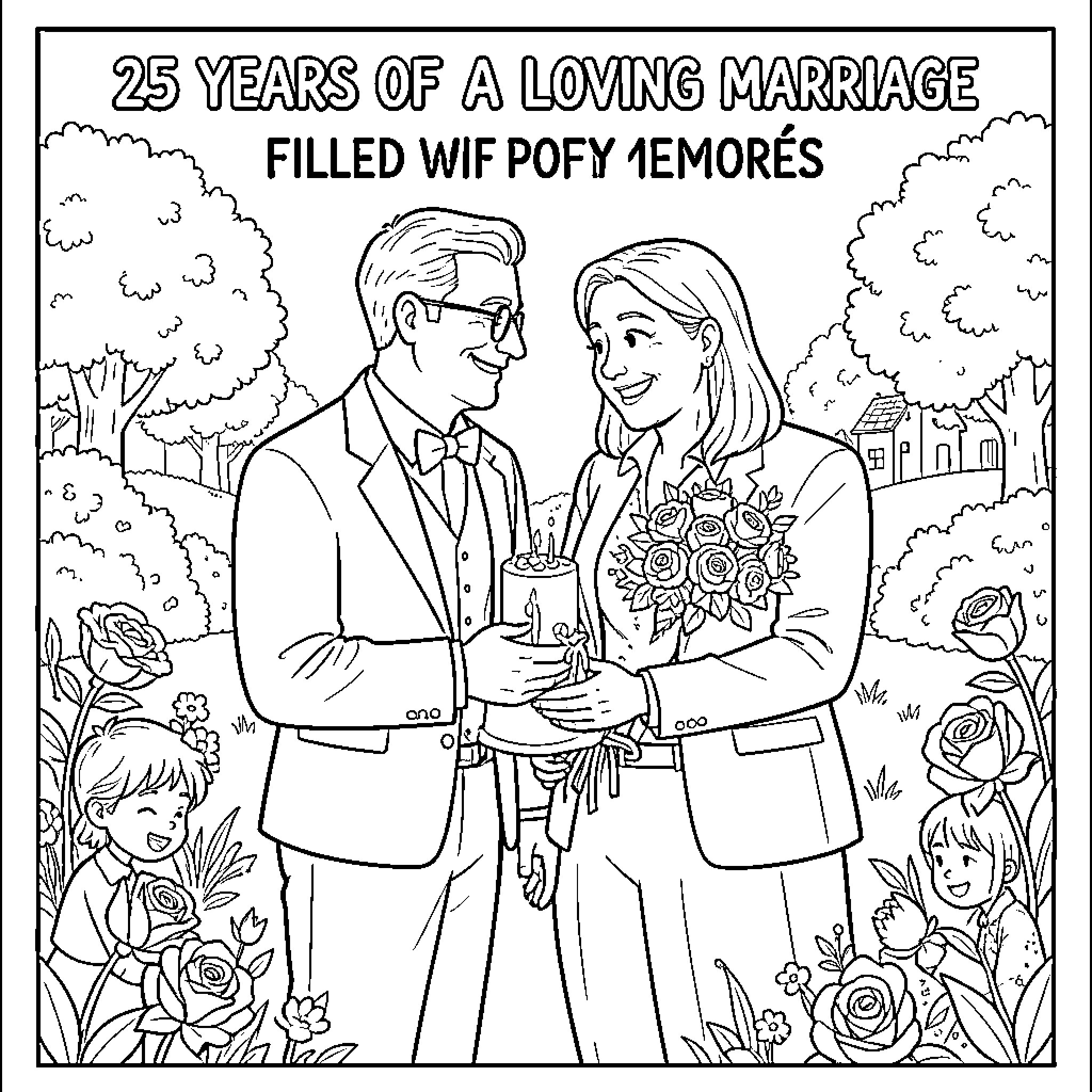 Anniversary celebration with a couple holding a cake Coloring Page (free black-and-white line drawing printable PDF for all, from beginners to advanced learners, including children, teens, adults, and seniors)