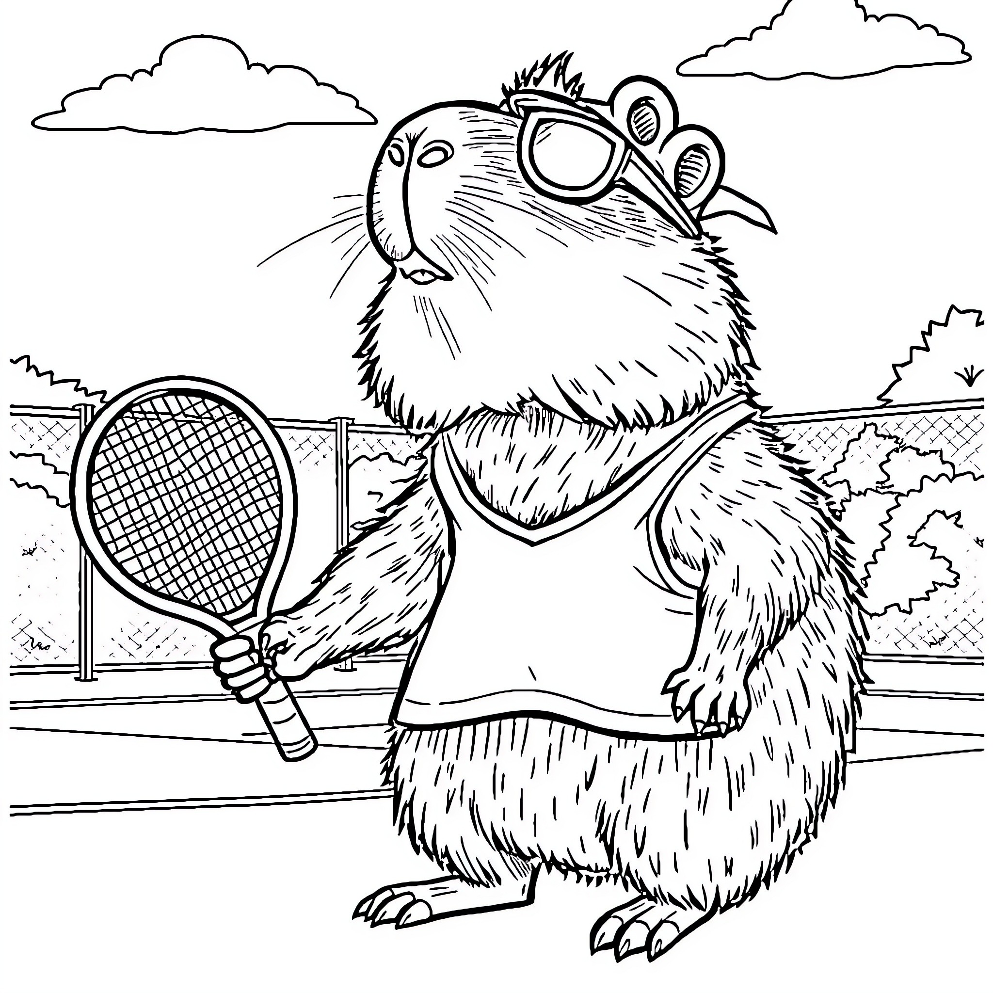 Capybara playing tennis on the court Coloring Page (free black-and-white line drawing printable PDF for all, from beginners to advanced learners, including children, teens, adults, and seniors)