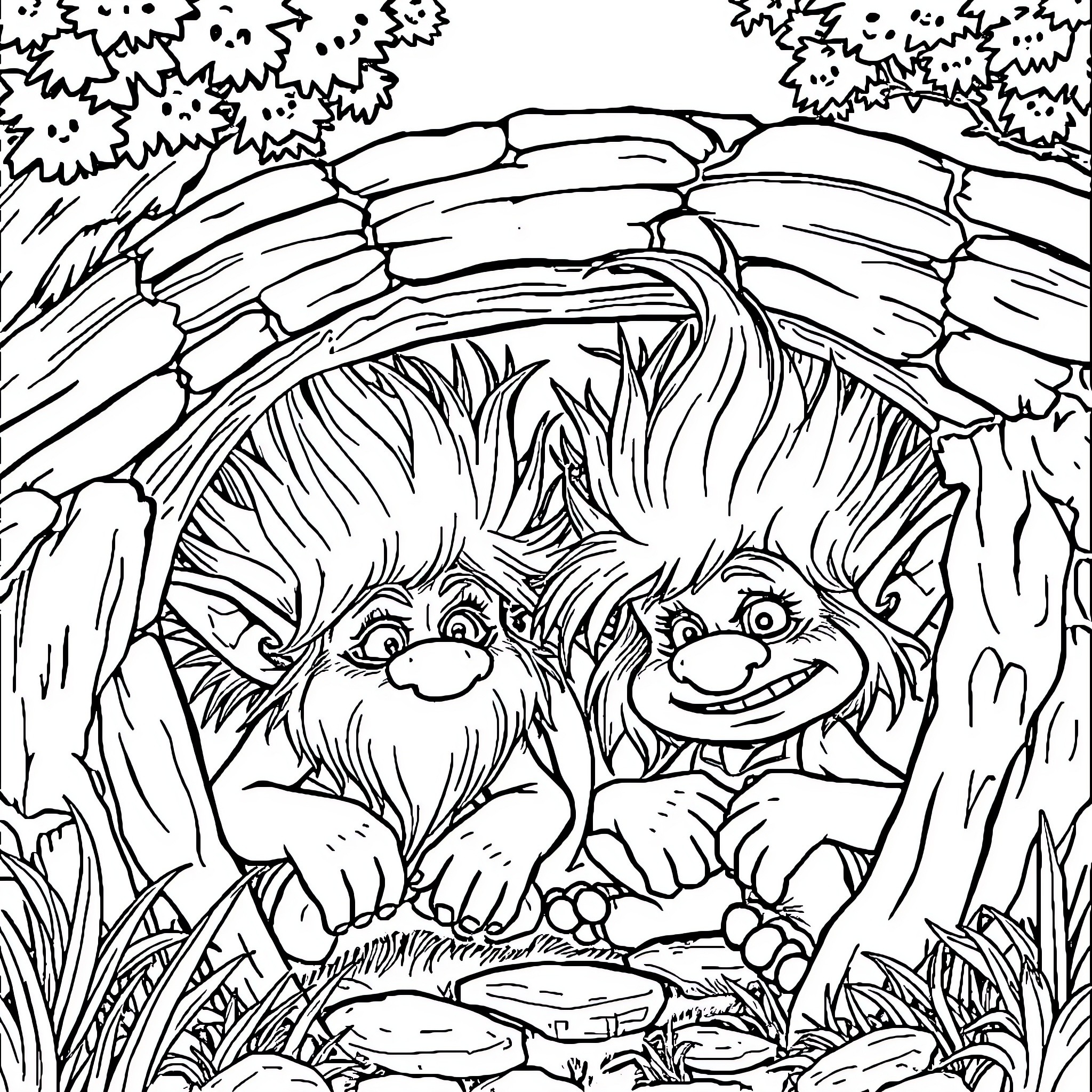 Troll friends exploring the magical forest Coloring Page (free black-and-white line drawing printable PDF for all, from beginners to advanced learners, including children, teens, adults, and seniors)