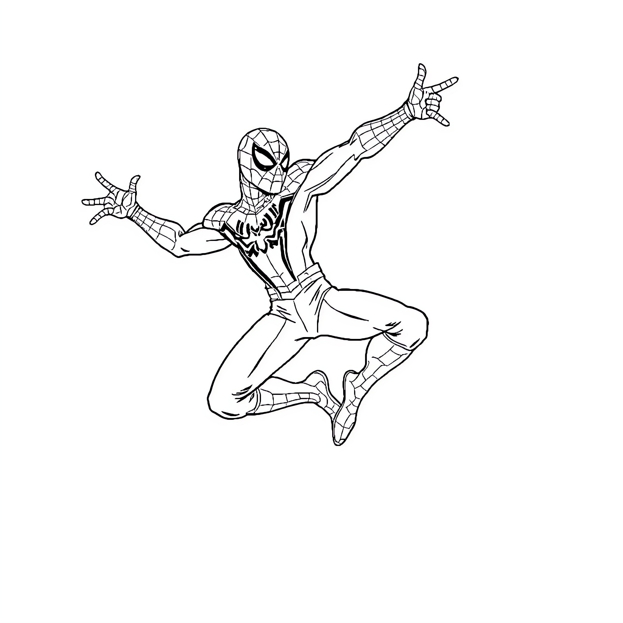 Spiderman swinging through the city with agility Coloring Page (free black-and-white line drawing printable PDF for all, from beginners to advanced learners, including children, teens, adults, and seniors)