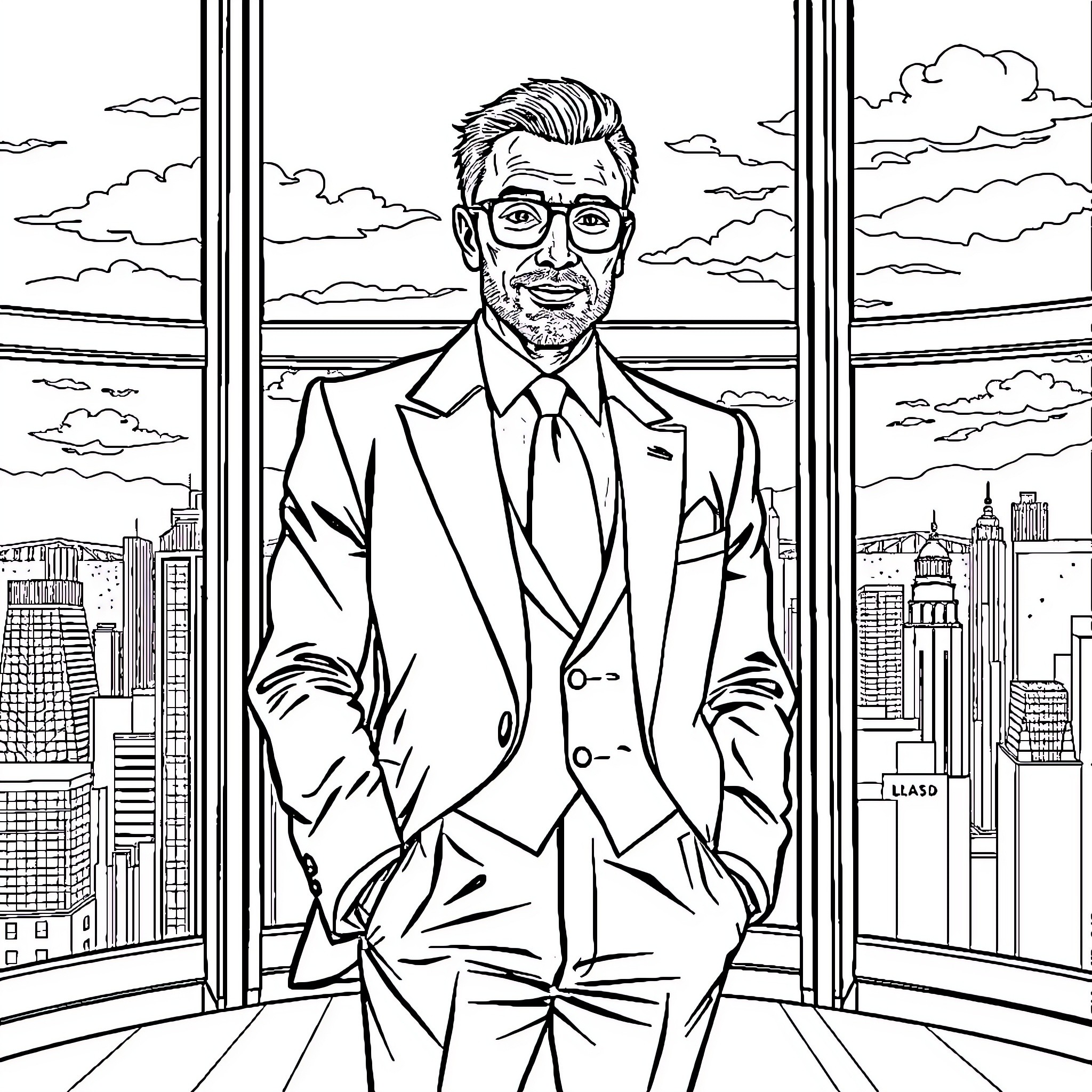 Mogul Businessman Overlooking City Skyline Coloring Page (free black-and-white line drawing printable PDF for all, from beginners to advanced learners, including children, teens, adults, and seniors)