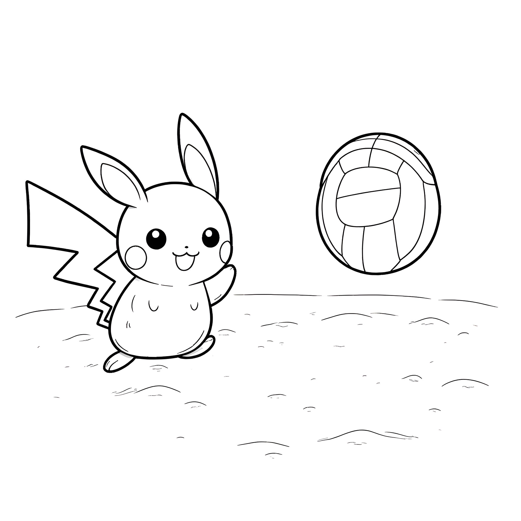 Pikachu playing with volleyball in the field Coloring Page (free black-and-white line drawing printable PDF for all, from beginners to advanced learners, including children, teens, adults, and seniors)