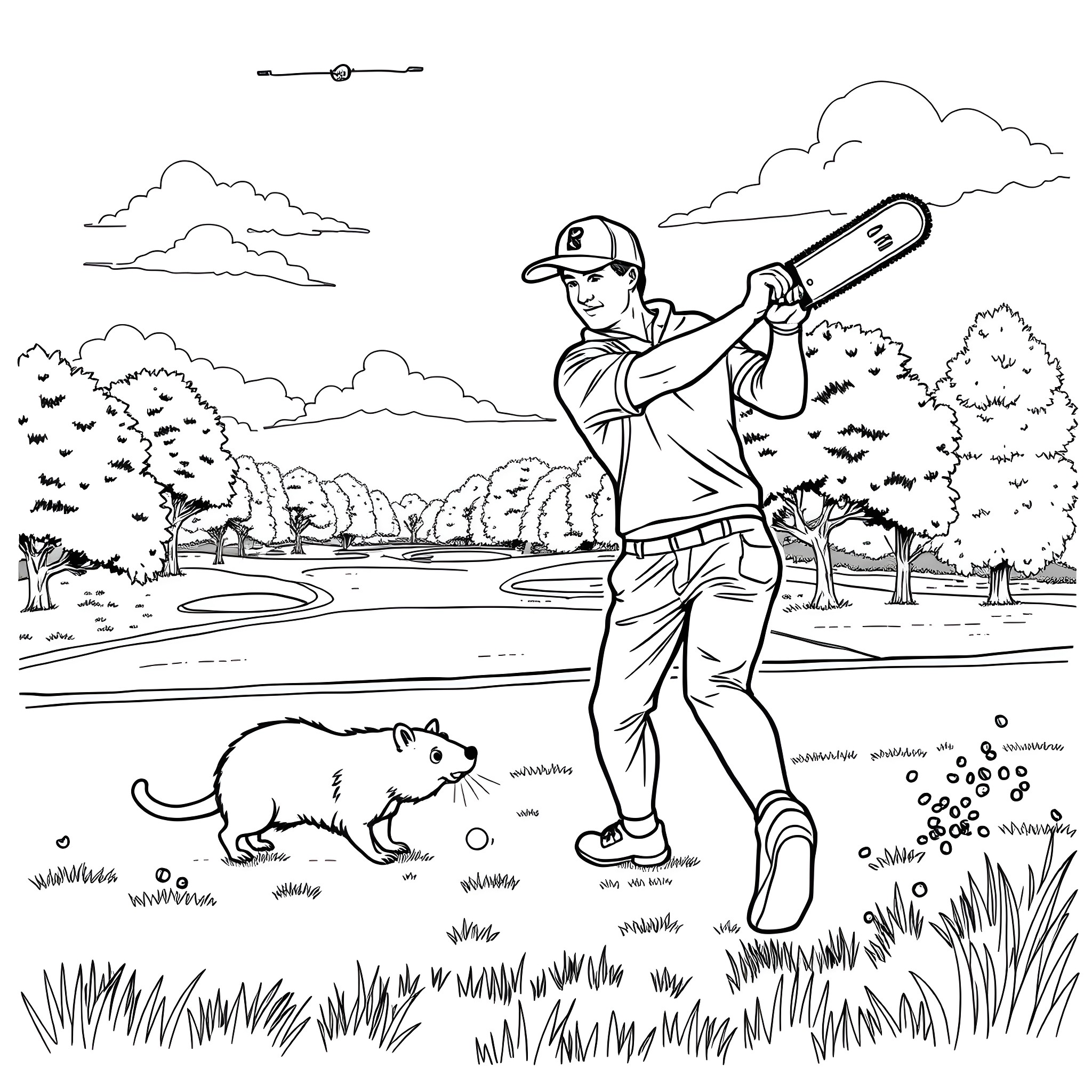 Golfer teeing off on a scenic course with wildlife Coloring Page (free black-and-white line drawing printable PDF for all, from beginners to advanced learners, including children, teens, adults, and seniors)
