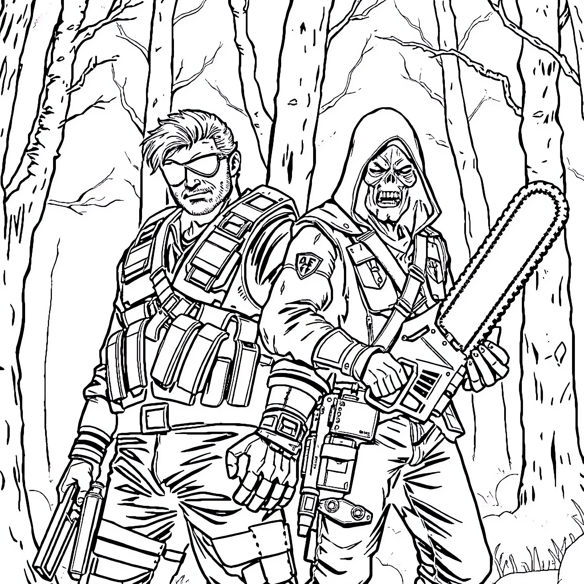 Boss soldiers battling in the forest Coloring Page (free black-and-white line drawing printable PDF for all, from beginners to advanced learners, including children, teens, adults, and seniors)