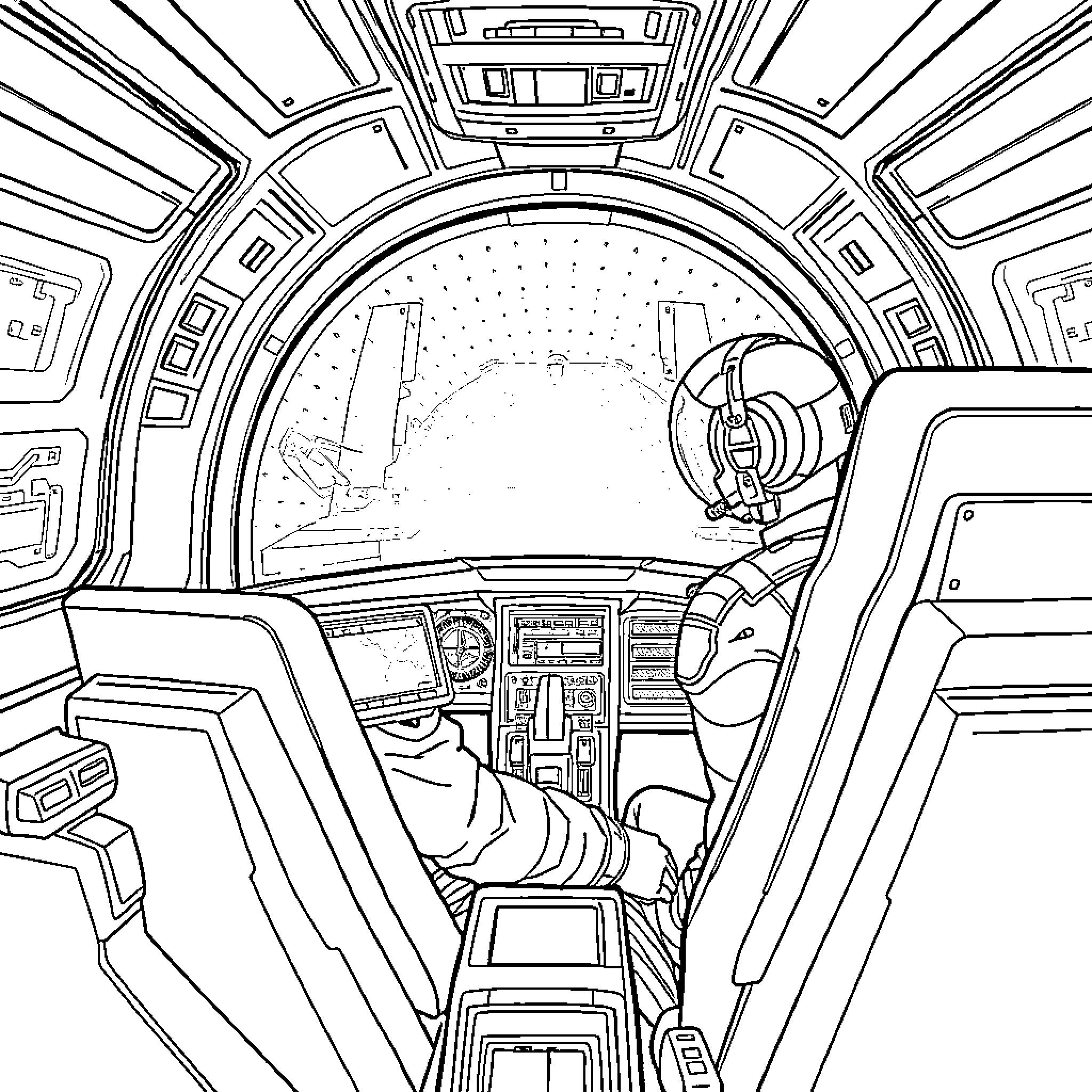Pilot navigating futuristic spacecraft cockpit Coloring Page (free black-and-white line drawing printable PDF for all, from beginners to advanced learners, including children, teens, adults, and seniors)