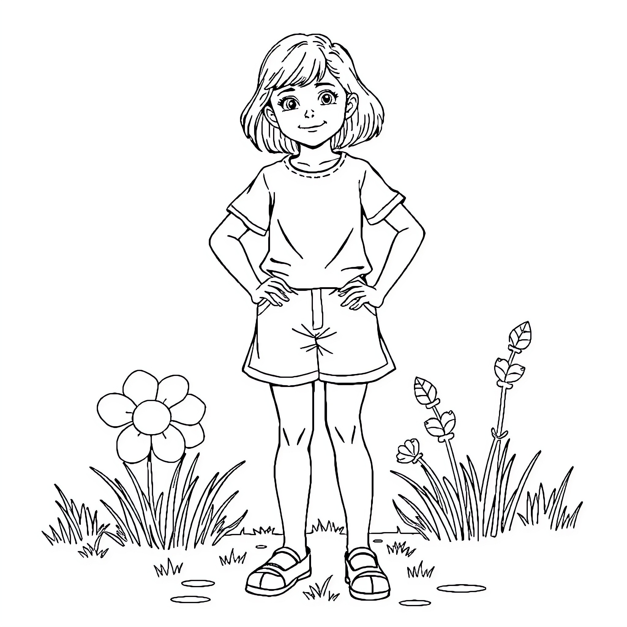 Girl admiring nature in the garden Coloring Page (free black-and-white line drawing printable PDF for all, from beginners to advanced learners, including children, teens, adults, and seniors)