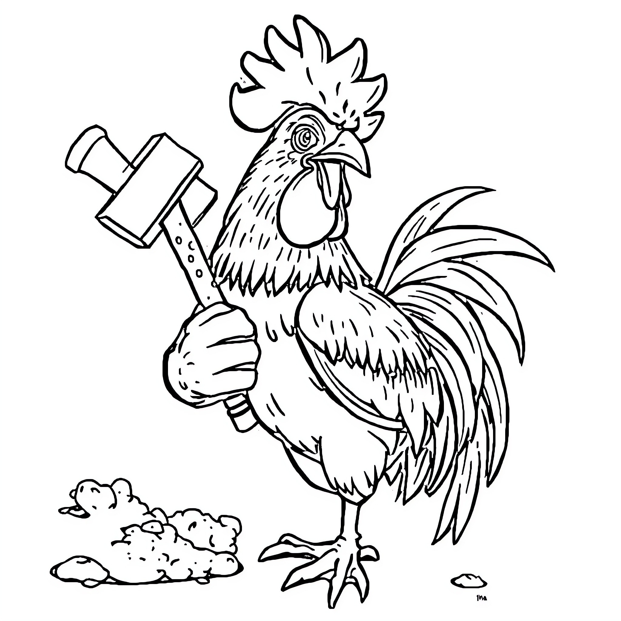 Rooster wielding a tool in a scene Coloring Page (free black-and-white line drawing printable PDF for all, from beginners to advanced learners, including children, teens, adults, and seniors)