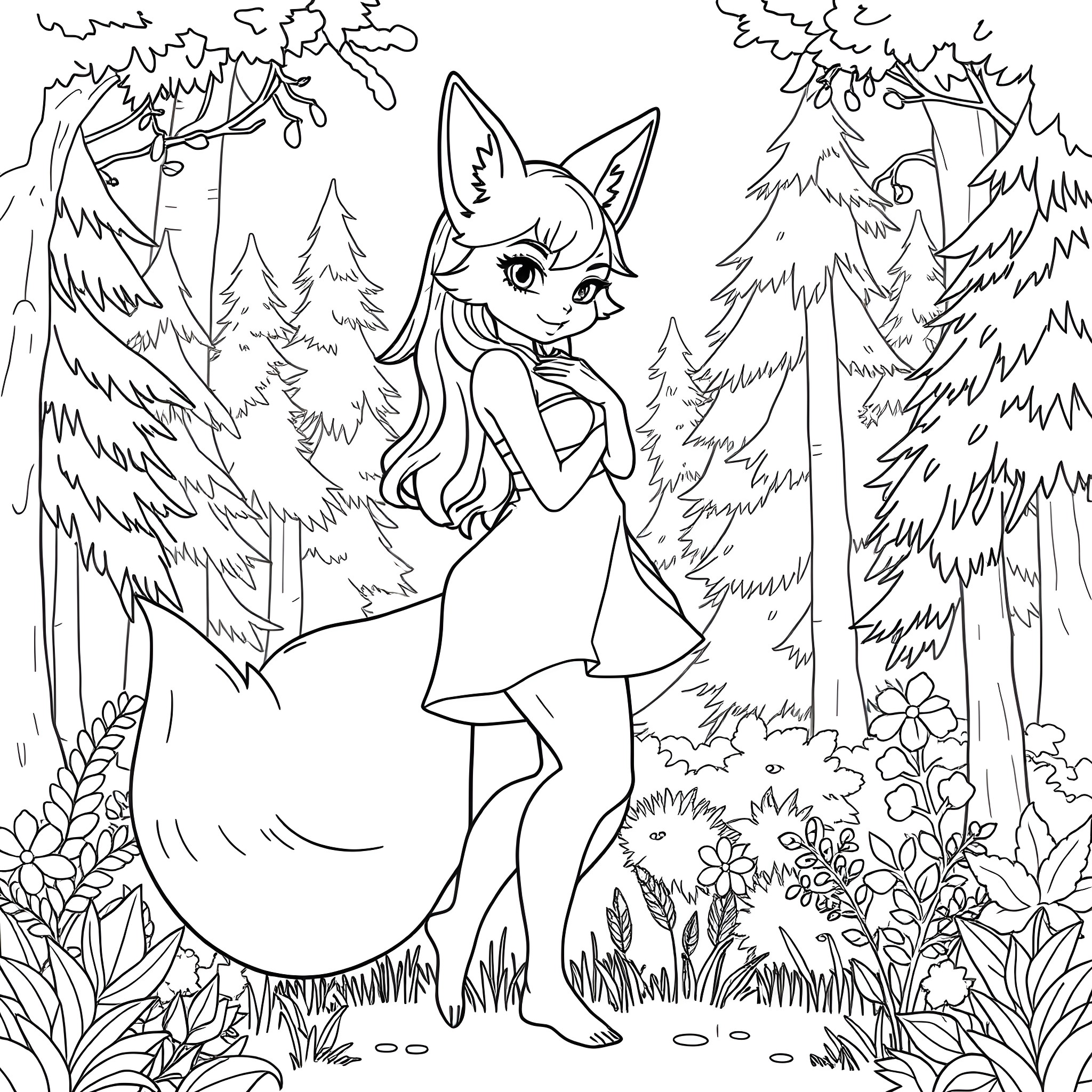 Fox Girl Exploring the Enchanted Forest Coloring Page (free black-and-white line drawing printable PDF for all, from beginners to advanced learners, including children, teens, adults, and seniors)