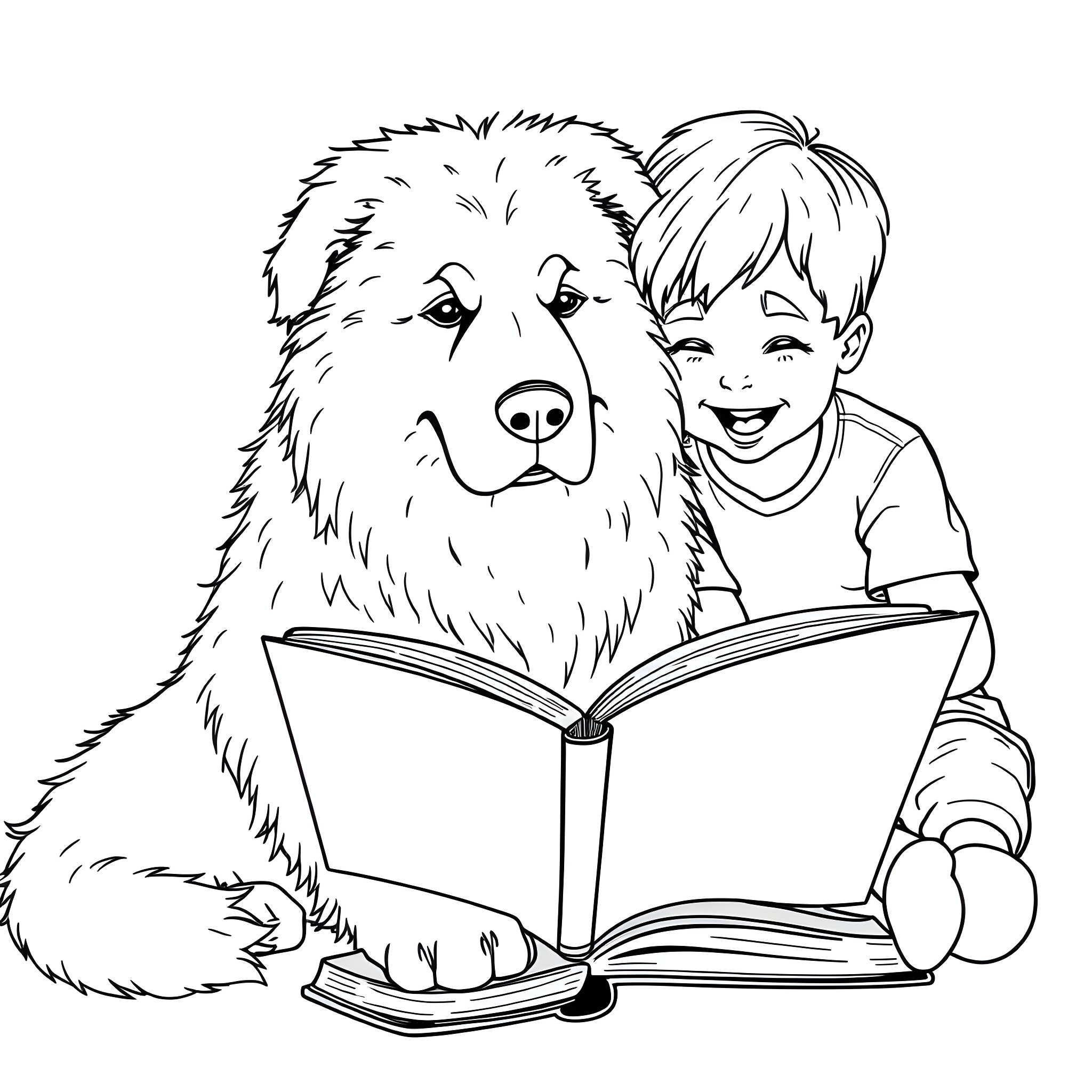 Dog and Boy Reading Together Coloring Page (free black-and-white line drawing printable PDF for all, from beginners to advanced learners, including children, teens, adults, and seniors)