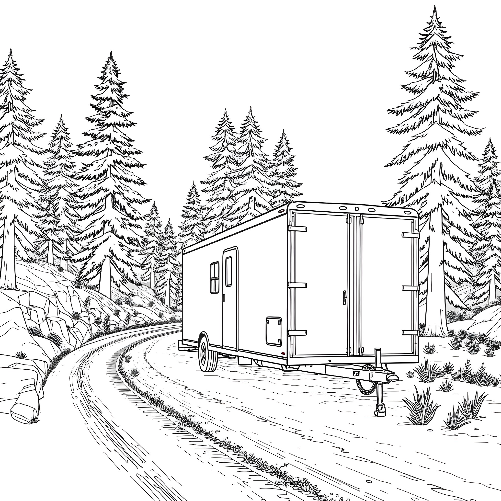 Gooseneck Trailer Traversing Rugged Terrain in Forest Coloring Page (free black-and-white line drawing printable PDF for all, from beginners to advanced learners, including children, teens, adults, and seniors)