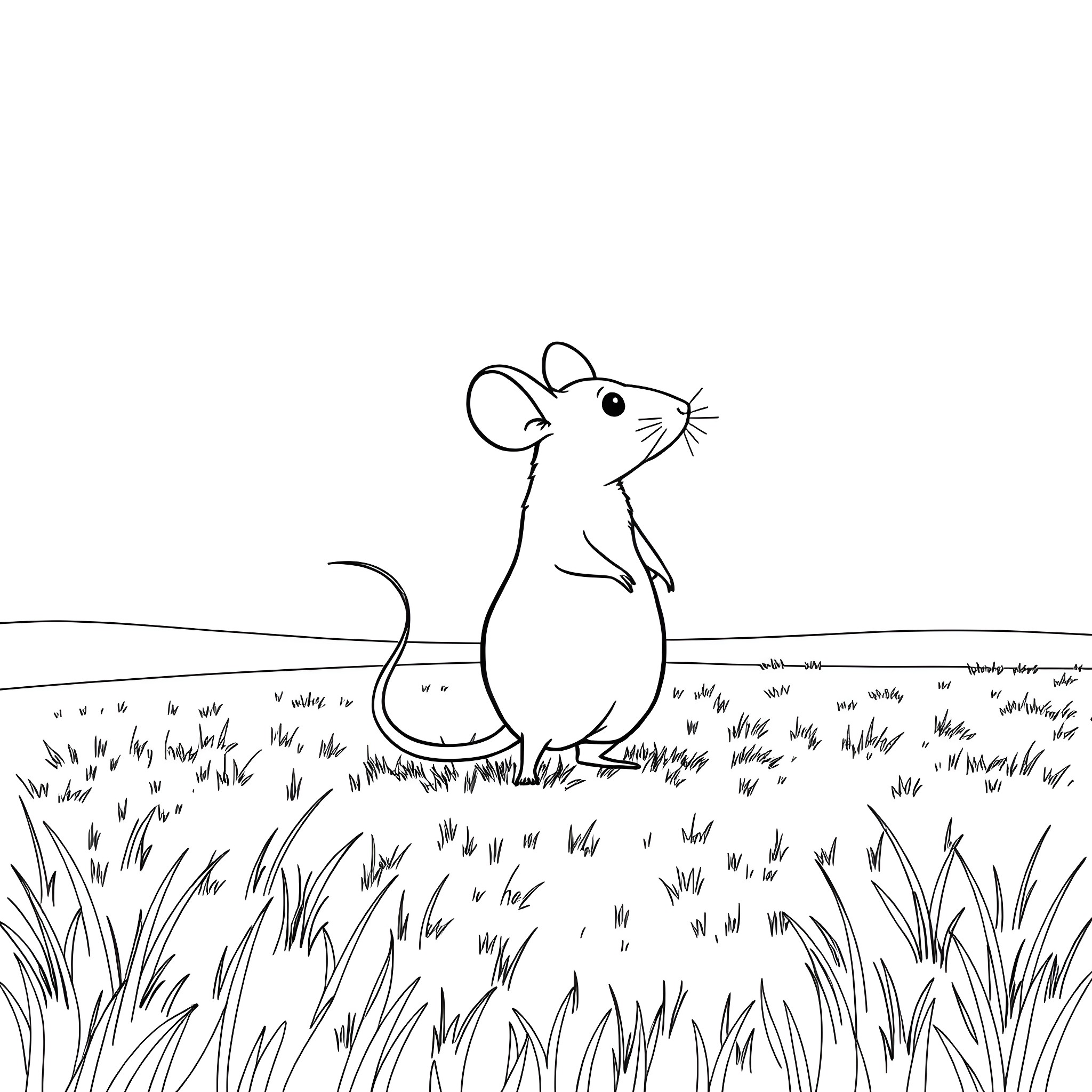 Mouse exploring the grassy field Coloring Page (free black-and-white line drawing printable PDF for all, from beginners to advanced learners, including children, teens, adults, and seniors)