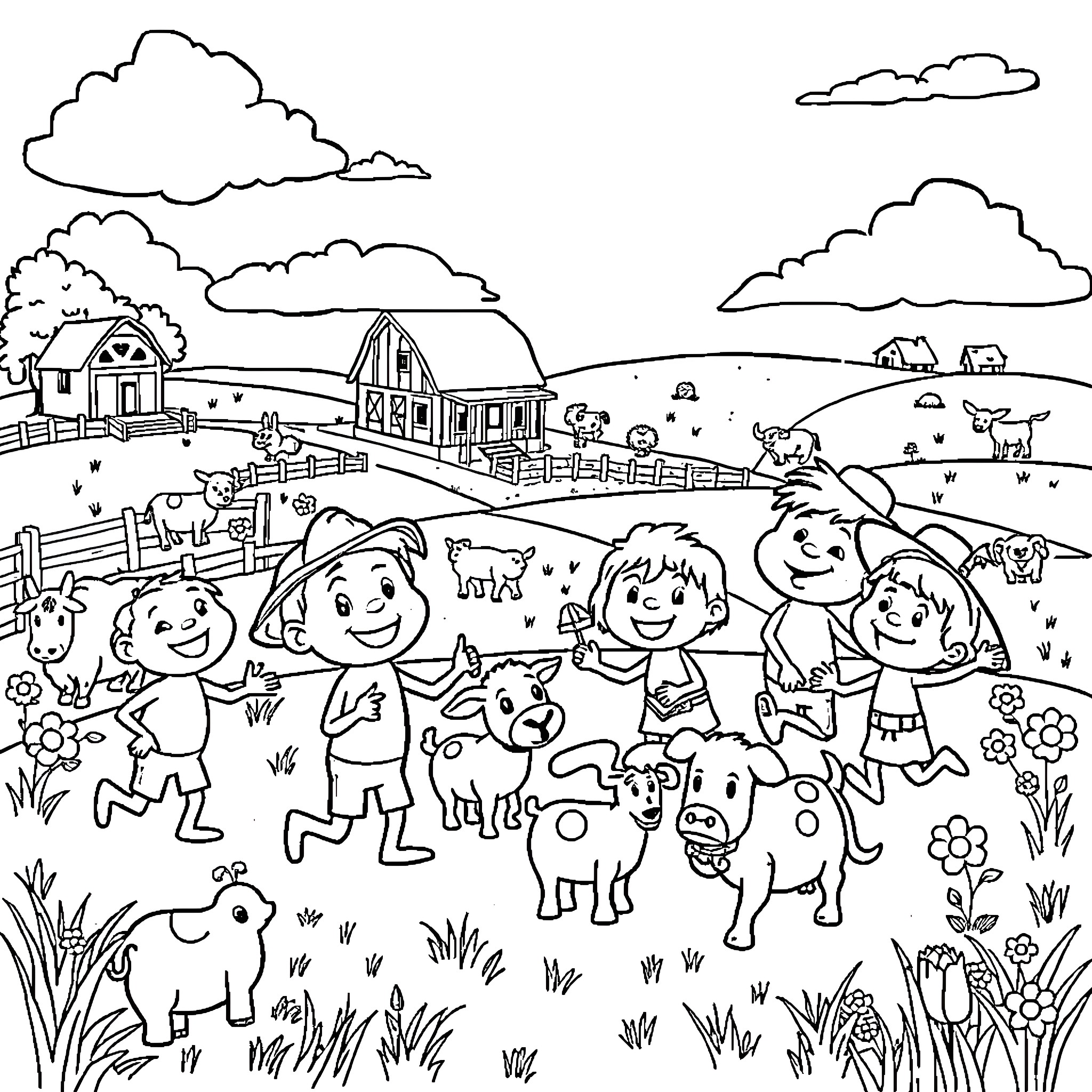 Bluey's Lively Farm Adventure Coloring Page (free black-and-white line drawing printable PDF for all, from beginners to advanced learners, including children, teens, adults, and seniors)