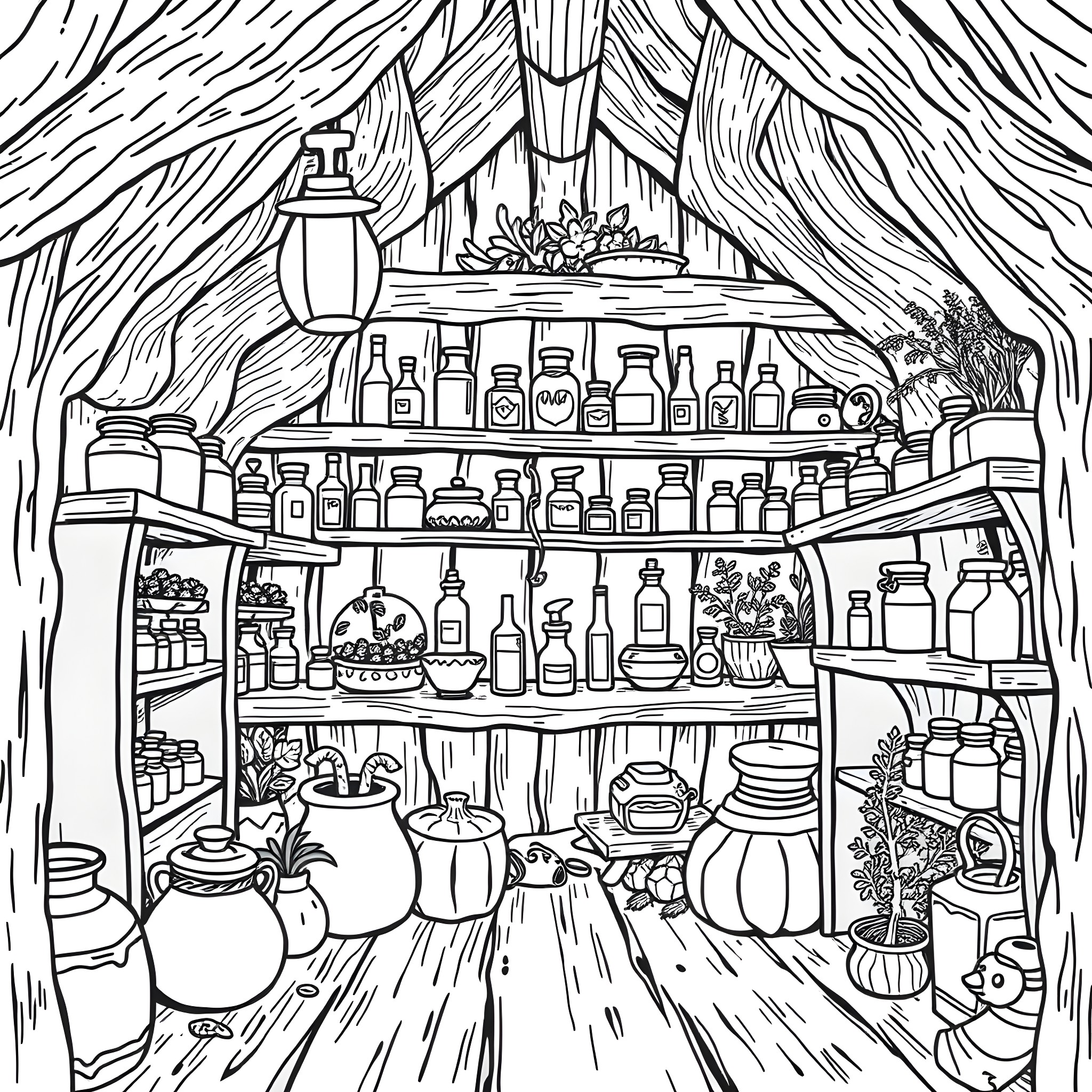 Witch Hut with Potions and Herbs Coloring Page (free black-and-white line drawing printable PDF for all, from beginners to advanced learners, including children, teens, adults, and seniors)