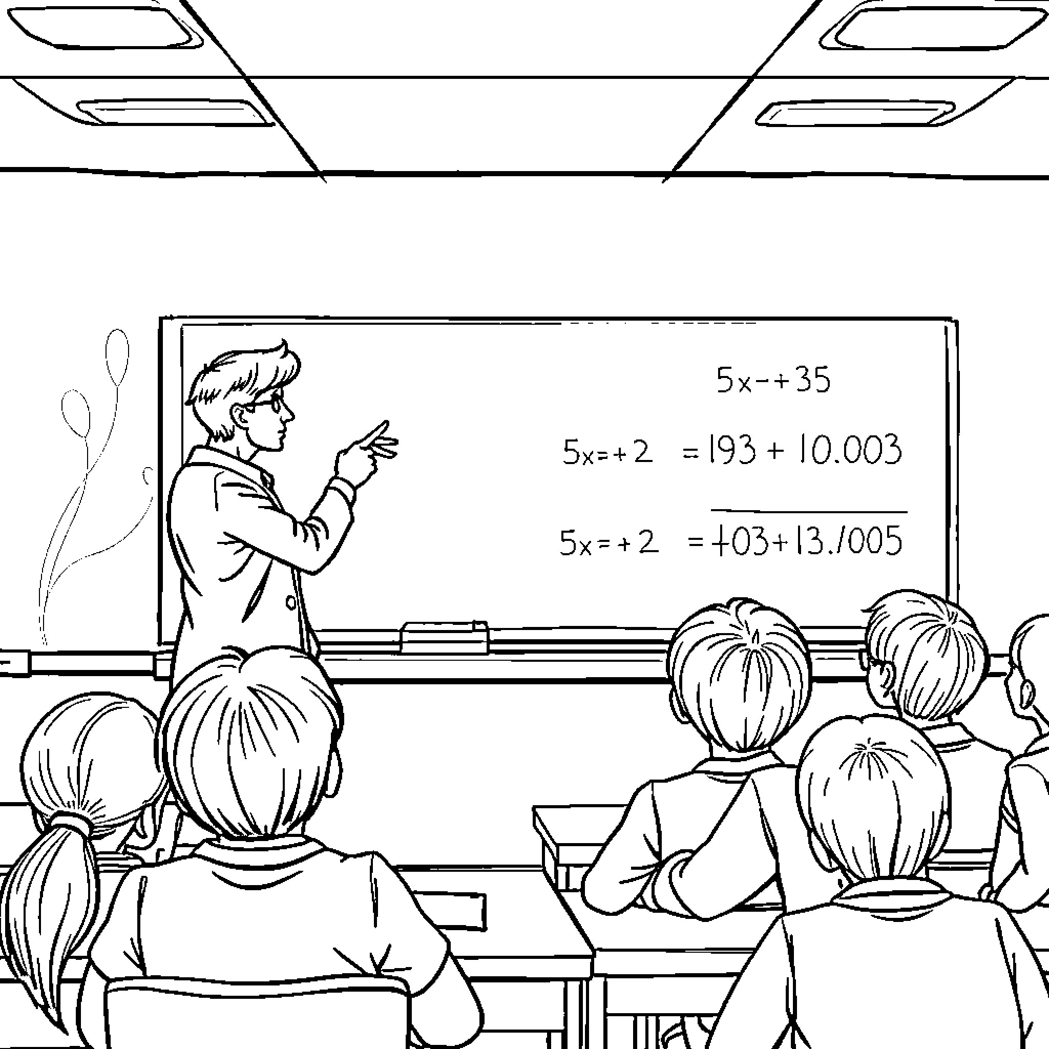 Teacher Explaining Mathematical Concepts to Students in Classroom Coloring Page (free black-and-white line drawing printable PDF for all, from beginners to advanced learners, including children, teens, adults, and seniors)