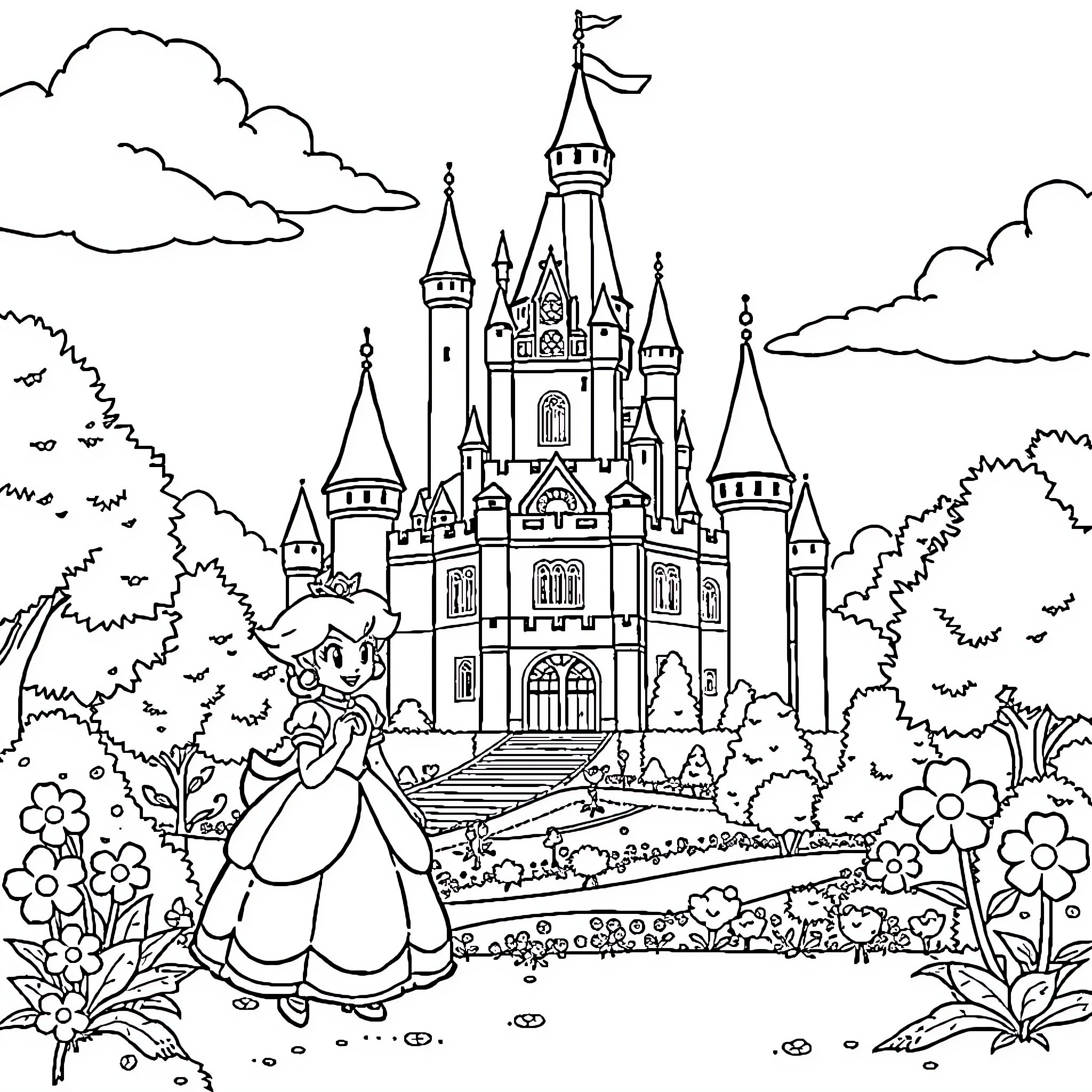 Princess Exploring the Enchanted Castle Coloring Page (free black-and-white line drawing printable PDF for all, from beginners to advanced learners, including children, teens, adults, and seniors)