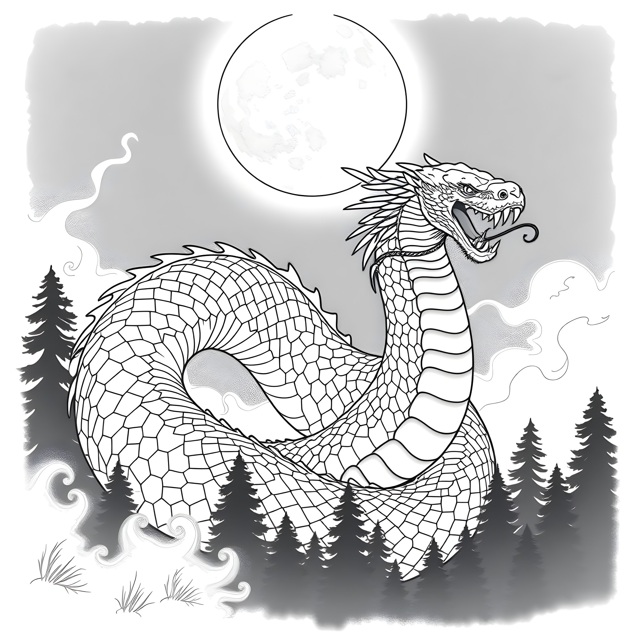 Uktena Dragon Rises in the Misty Moonlight Coloring Page (free black-and-white line drawing printable PDF for all, from beginners to advanced learners, including children, teens, adults, and seniors)