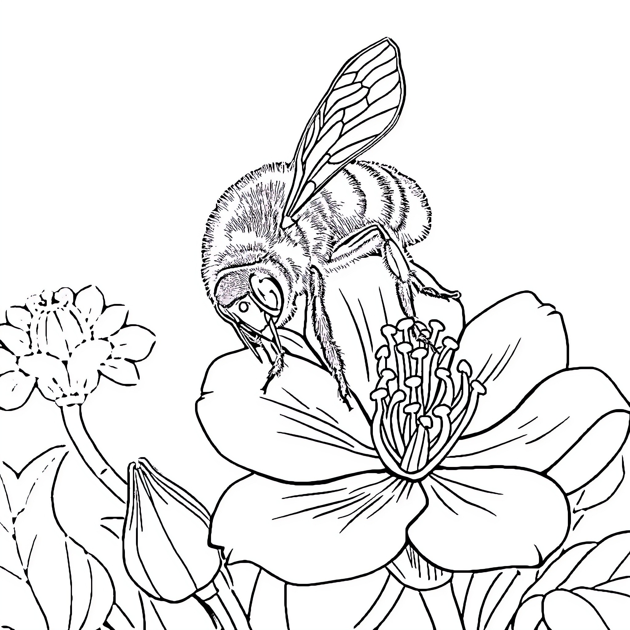 Bee exploring a beautiful flower Coloring Page (free black-and-white line drawing printable PDF for all, from beginners to advanced learners, including children, teens, adults, and seniors)