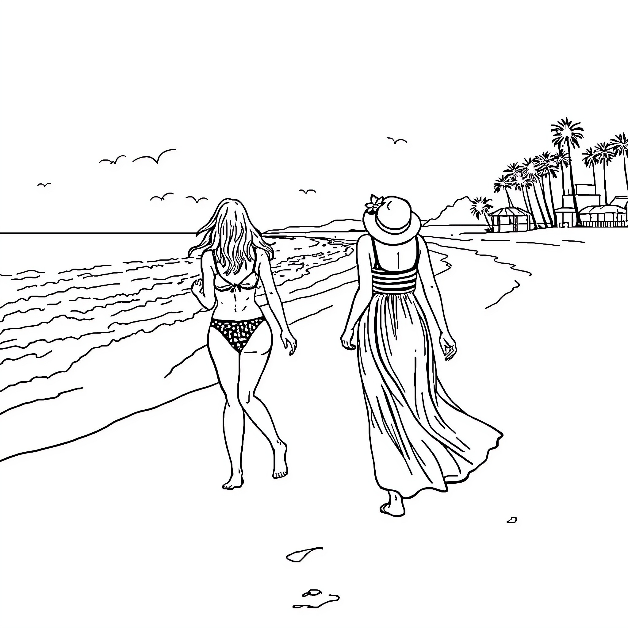 Women enjoying a scenic beach day Coloring Page (free black-and-white line drawing printable PDF for all, from beginners to advanced learners, including children, teens, adults, and seniors)