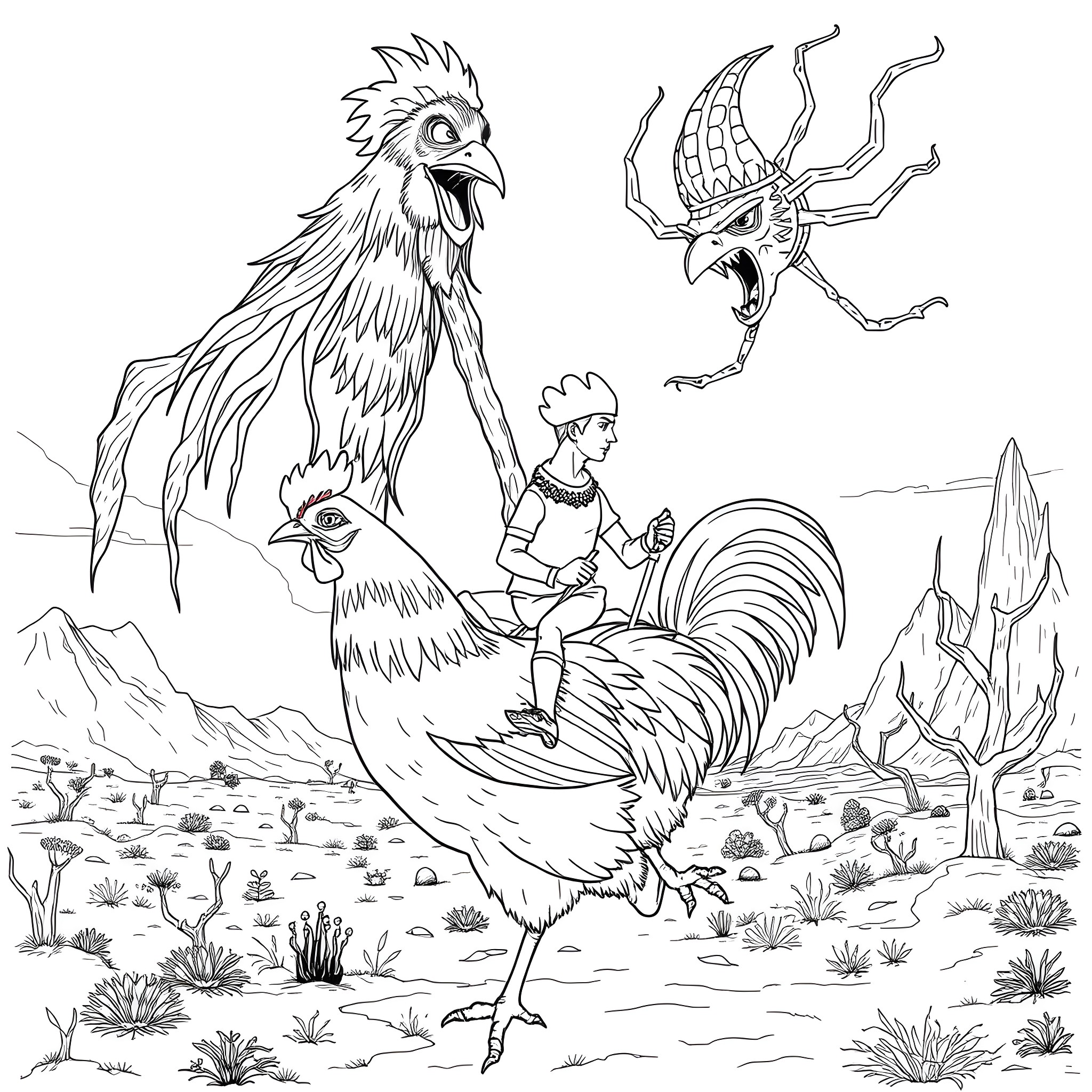 Chicken and the Warrior Riding in the Mystical Desert Landscape Coloring Page (free black-and-white line drawing printable PDF for all, from beginners to advanced learners, including children, teens, adults, and seniors)