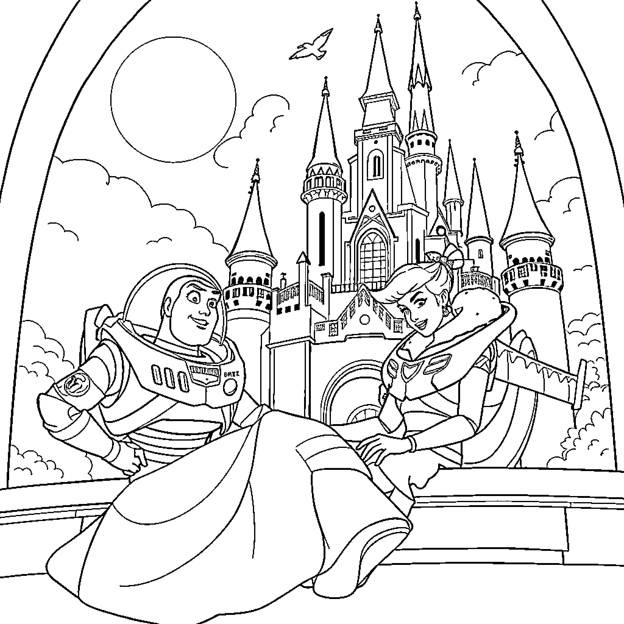Cinderella's Magical Castle Adventure Coloring Page (free black-and-white line drawing printable PDF for all, from beginners to advanced learners, including children, teens, adults, and seniors)