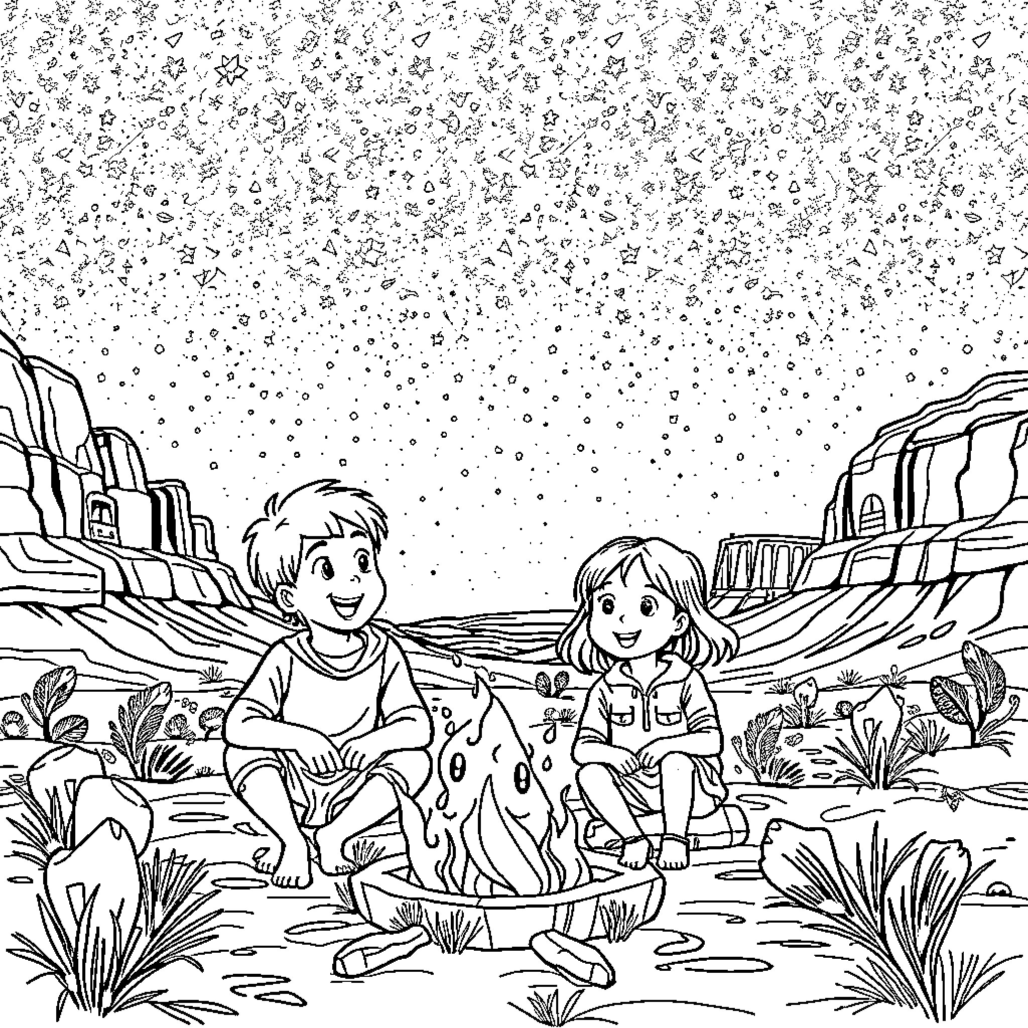 Child Exploring Desert with Pet Coloring Page (free black-and-white line drawing printable PDF for all, from beginners to advanced learners, including children, teens, adults, and seniors)