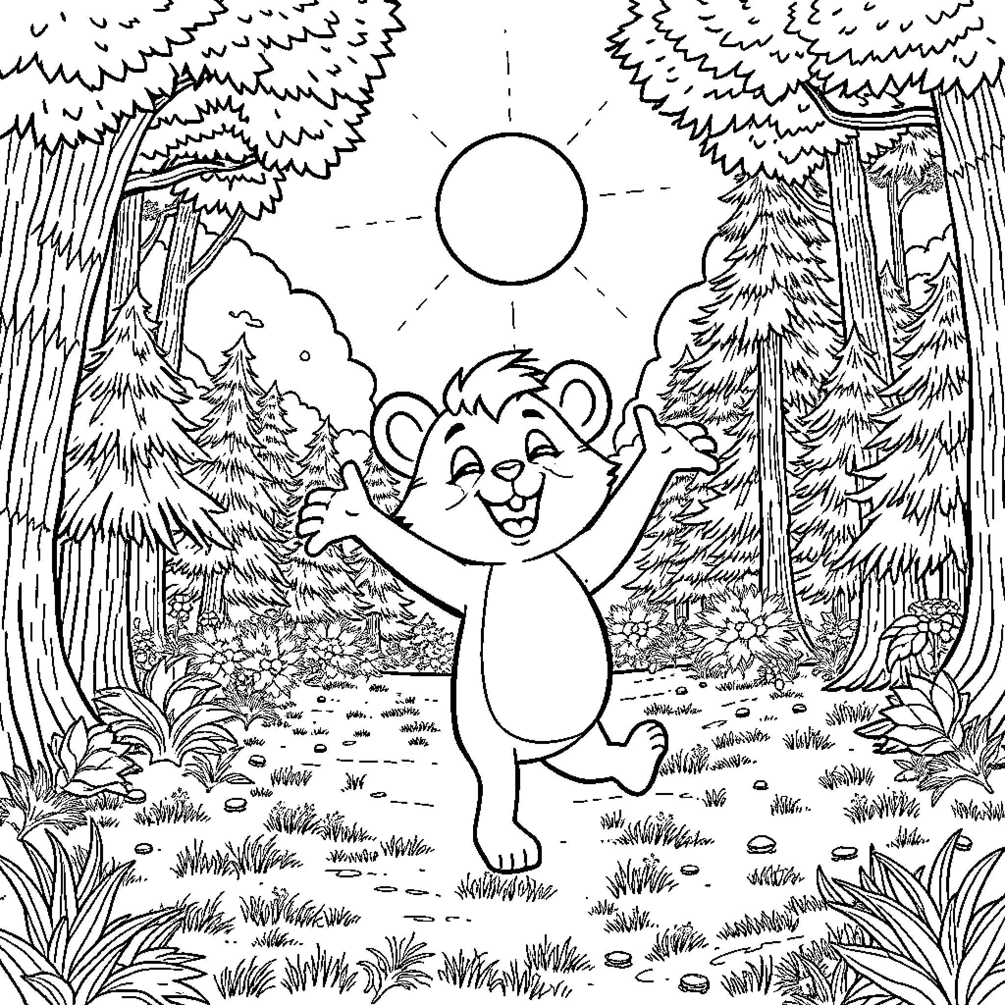Teemo joyfully exploring the forest Coloring Page (free black-and-white line drawing printable PDF for all, from beginners to advanced learners, including children, teens, adults, and seniors)