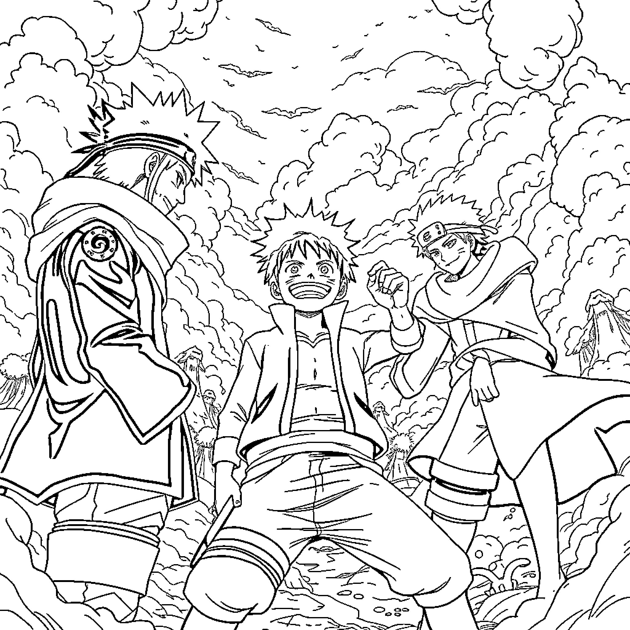 Lukario characters in an intense battle scene Coloring Page (free black-and-white line drawing printable PDF for all, from beginners to advanced learners, including children, teens, adults, and seniors)