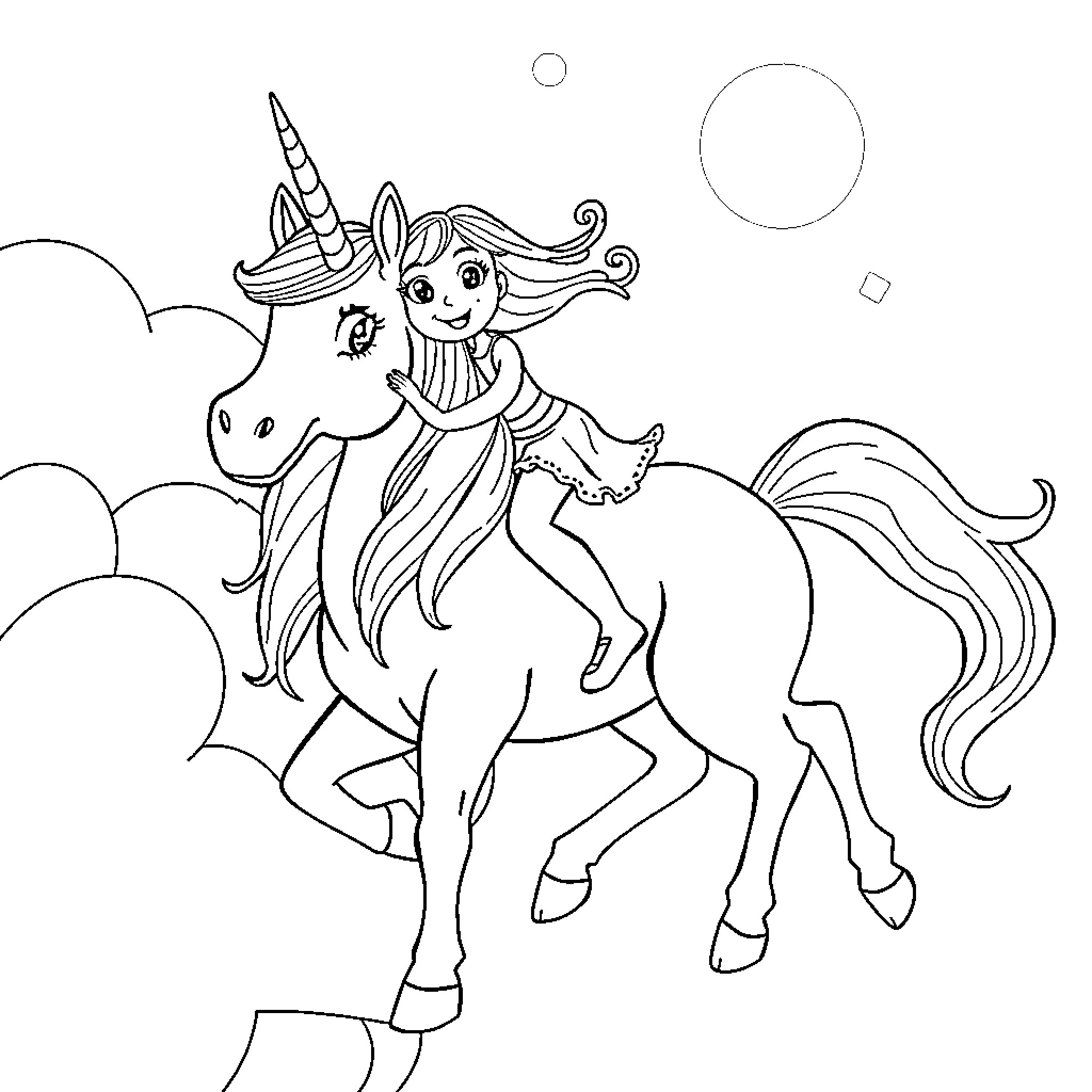 Girl riding a magical unicorn in the clouds Coloring Page (free black-and-white line drawing printable PDF for all, from beginners to advanced learners, including children, teens, adults, and seniors)