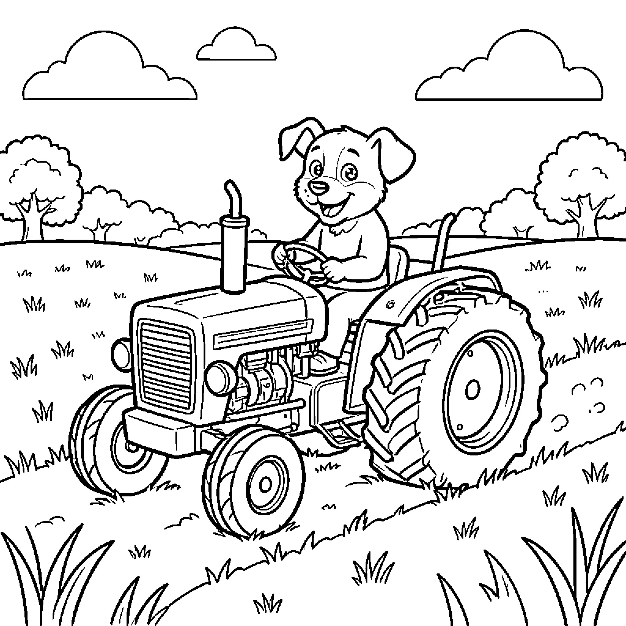 Perro driving a tractor happily in the countryside Coloring Page (free black-and-white line drawing printable PDF for all, from beginners to advanced learners, including children, teens, adults, and seniors)
