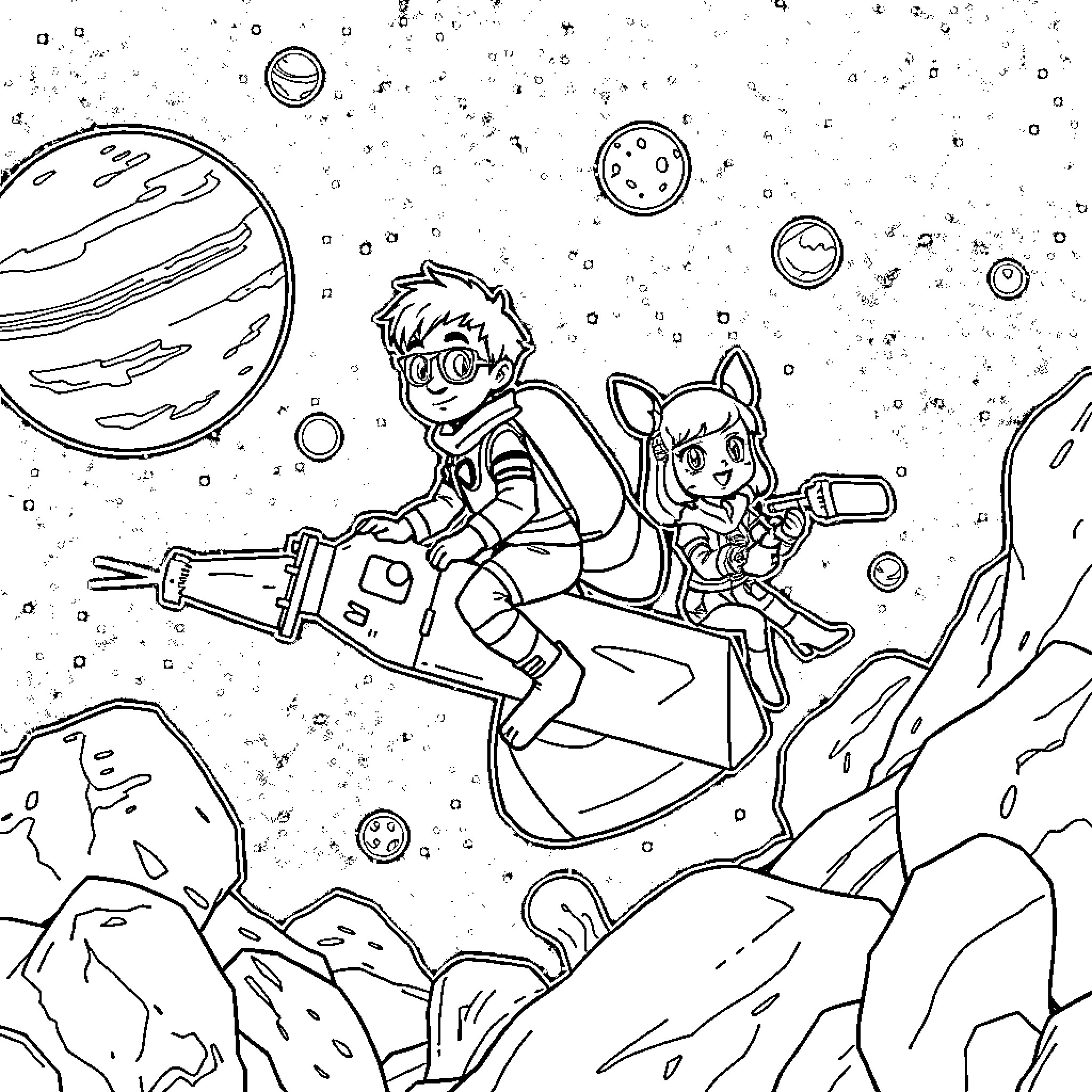 Paw Patrol characters exploring space in a rocket ship Coloring Page (free black-and-white line drawing printable PDF for all, from beginners to advanced learners, including children, teens, adults, and seniors)