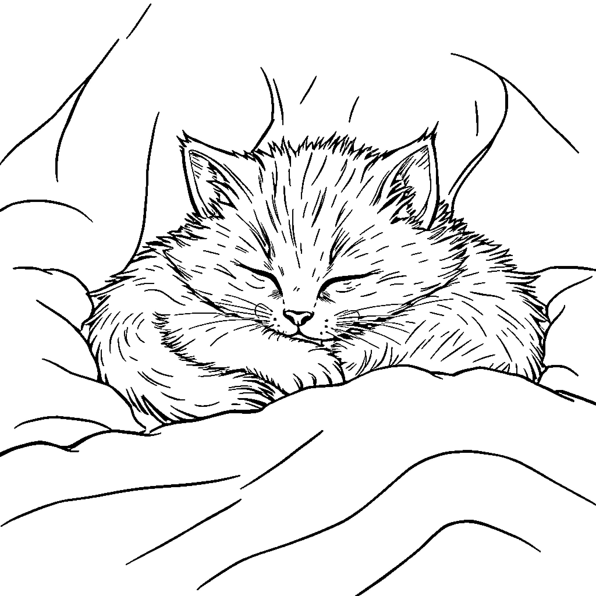 Kitty peacefully resting in the cozy surroundings Coloring Page (free black-and-white line drawing printable PDF for all, from beginners to advanced learners, including children, teens, adults, and seniors)