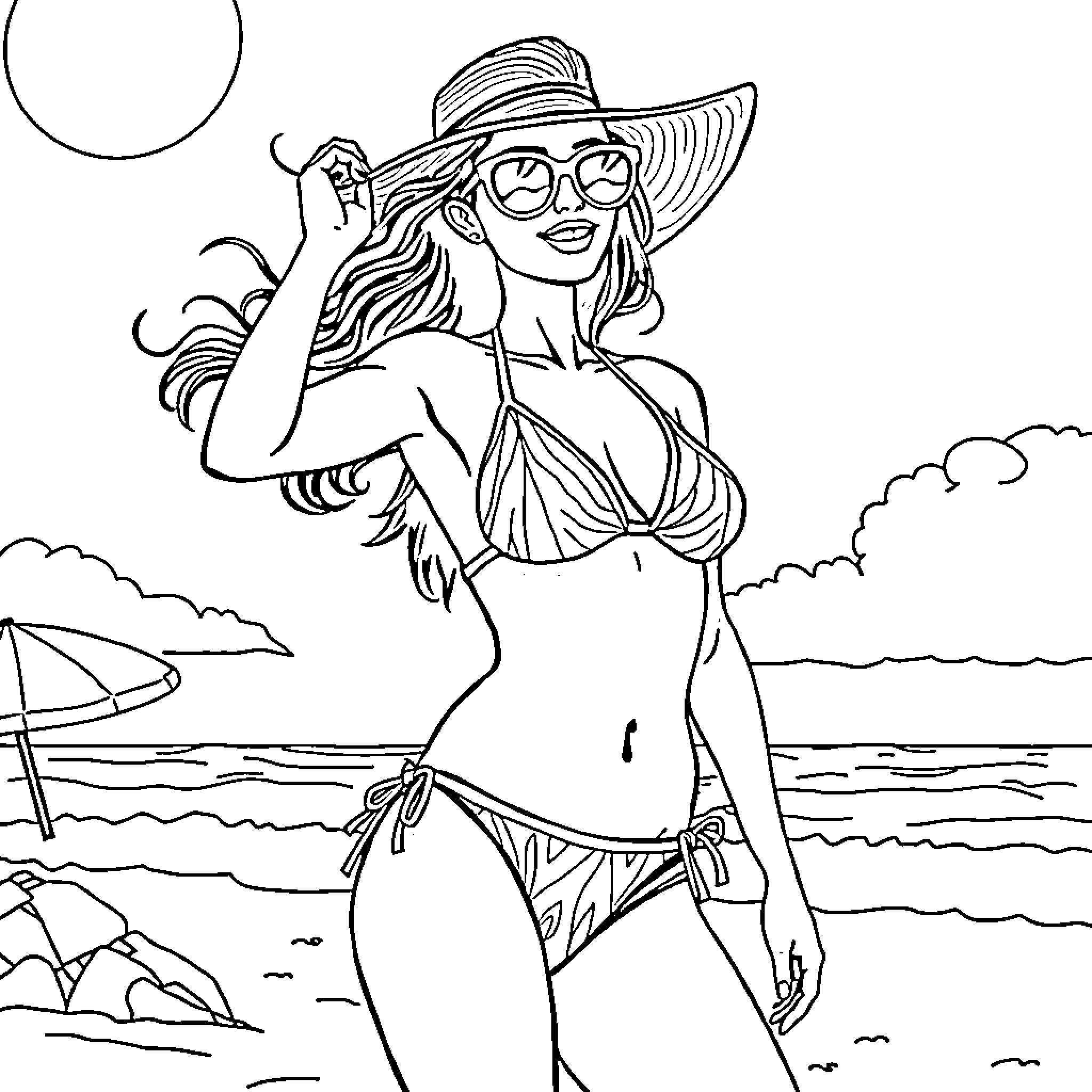 Mercredi - Woman enjoys sunny beach day Coloring Page (free black-and-white line drawing printable PDF for all, from beginners to advanced learners, including children, teens, adults, and seniors)