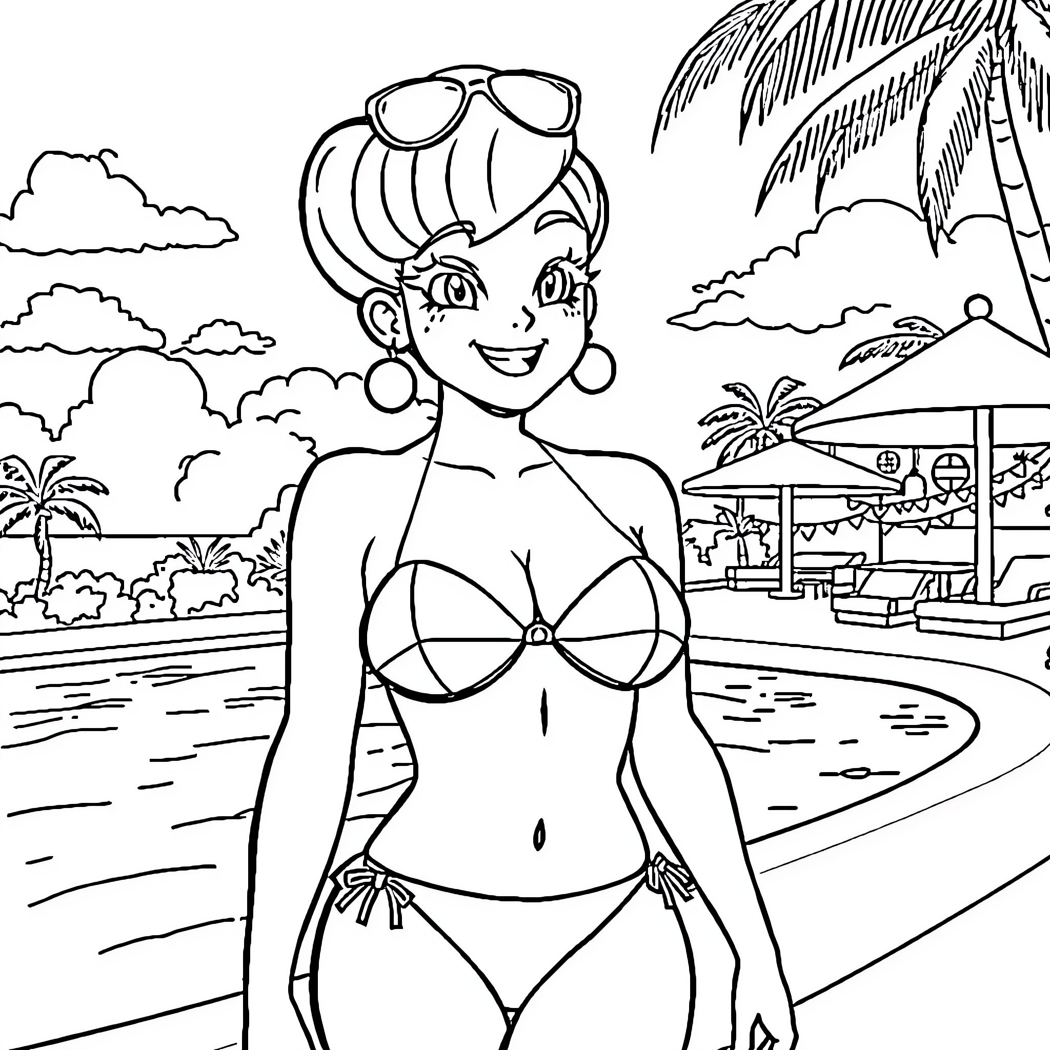 Bulma enjoying a day at the beach Coloring Page (free black-and-white line drawing printable PDF for all, from beginners to advanced learners, including children, teens, adults, and seniors)