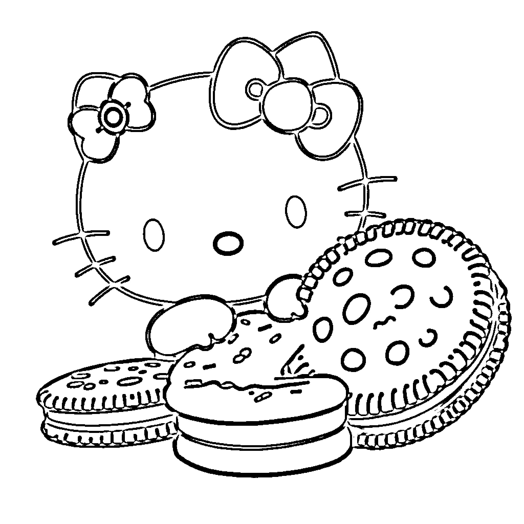 Hello Kitty enjoying sweets and treats Coloring Page (free black-and-white line drawing printable PDF for all, from beginners to advanced learners, including children, teens, adults, and seniors)