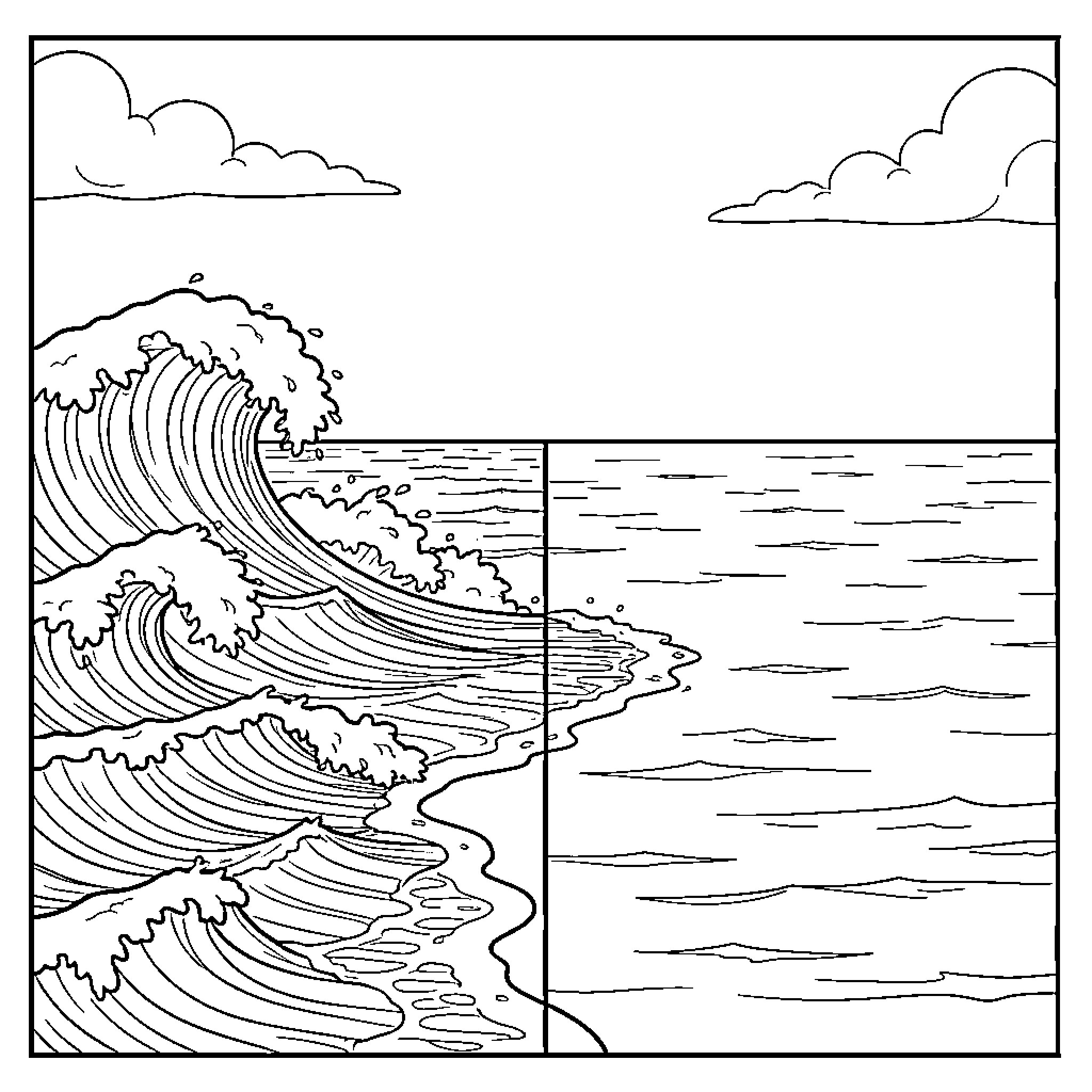 Sea waves crashing onto the shore Coloring Page (free black-and-white line drawing printable PDF for all, from beginners to advanced learners, including children, teens, adults, and seniors)