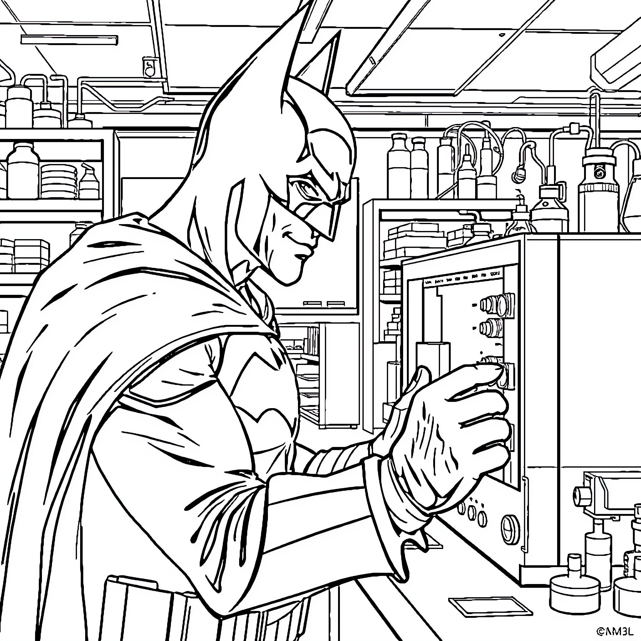 Batman examining evidence in his lab Coloring Page (free black-and-white line drawing printable PDF for all, from beginners to advanced learners, including children, teens, adults, and seniors)