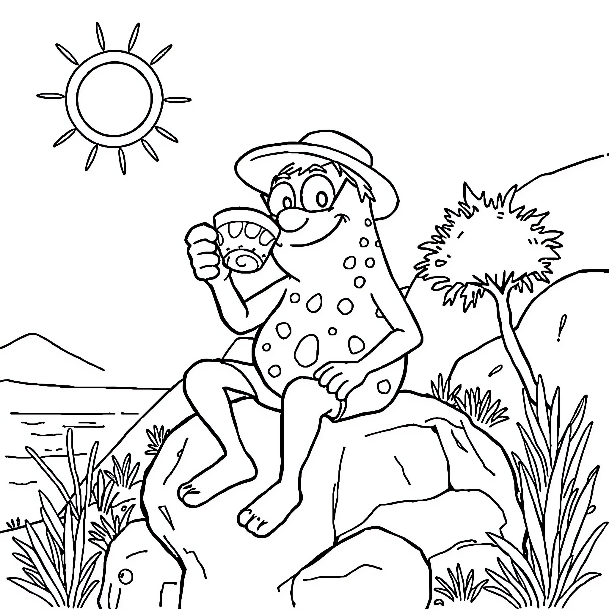 Bob esponja enjoying a sunny day in the jungle Coloring Page (free black-and-white line drawing printable PDF for all, from beginners to advanced learners, including children, teens, adults, and seniors)