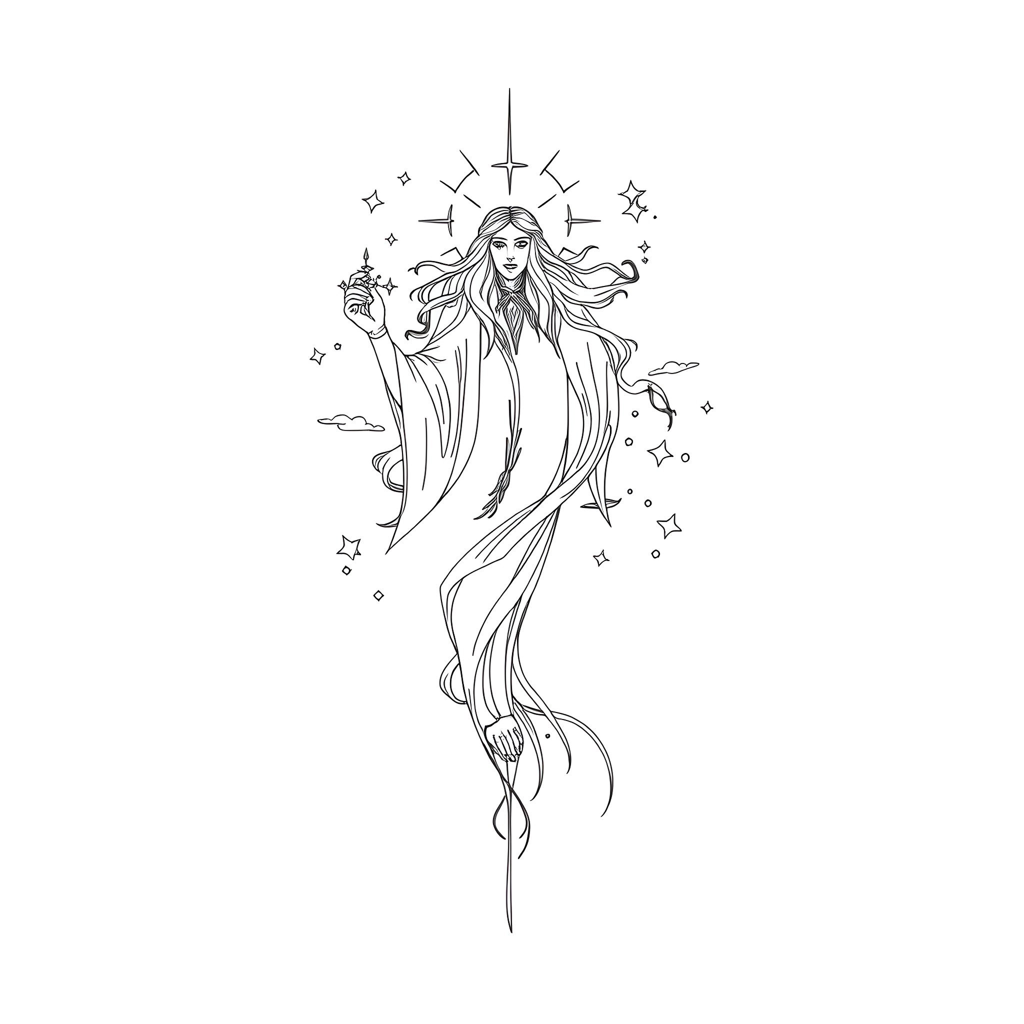 Great Spirit of Celestial Radiance Coloring Page (free black-and-white line drawing printable PDF for all, from beginners to advanced learners, including children, teens, adults, and seniors)