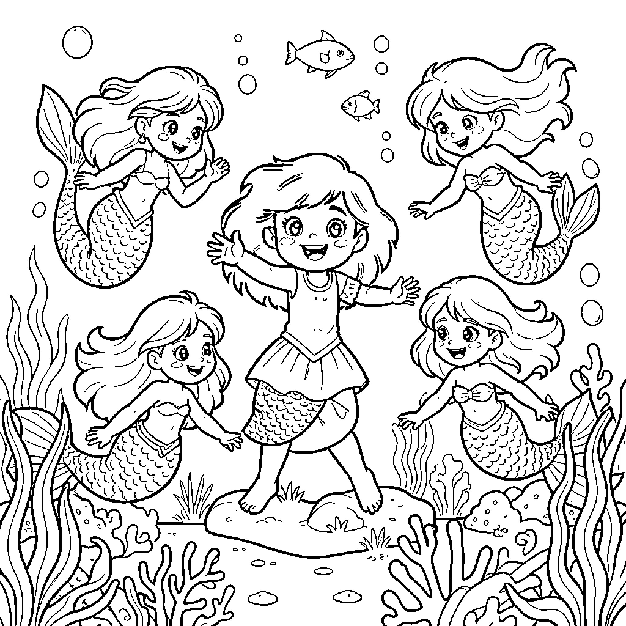 Dora dancing happily surrounded by friendly mermaids underwater Coloring Page (free black-and-white line drawing printable PDF for all, from beginners to advanced learners, including children, teens, adults, and seniors)