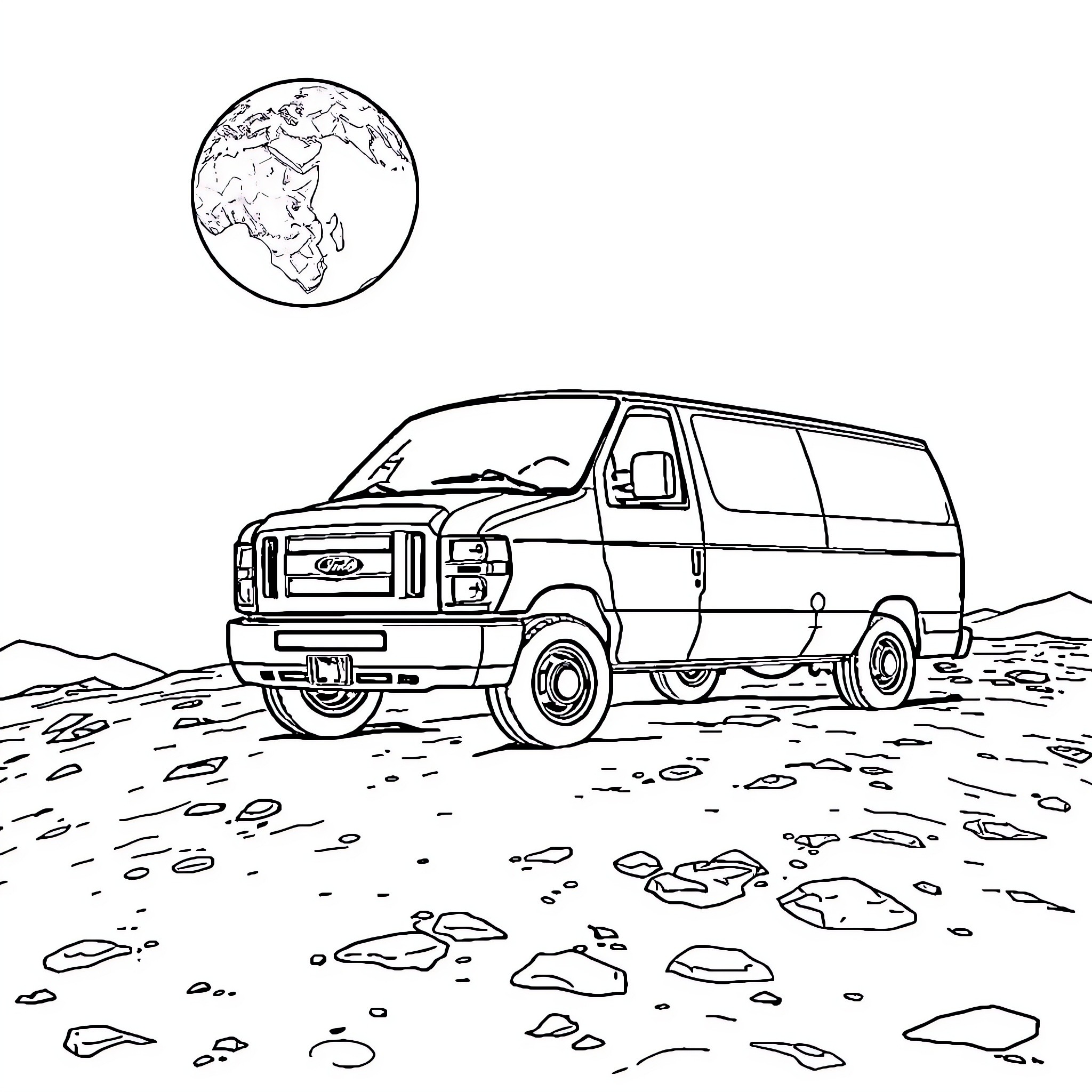 Ford E350 van in remote wilderness landscape Coloring Page (free black-and-white line drawing printable PDF for all, from beginners to advanced learners, including children, teens, adults, and seniors)