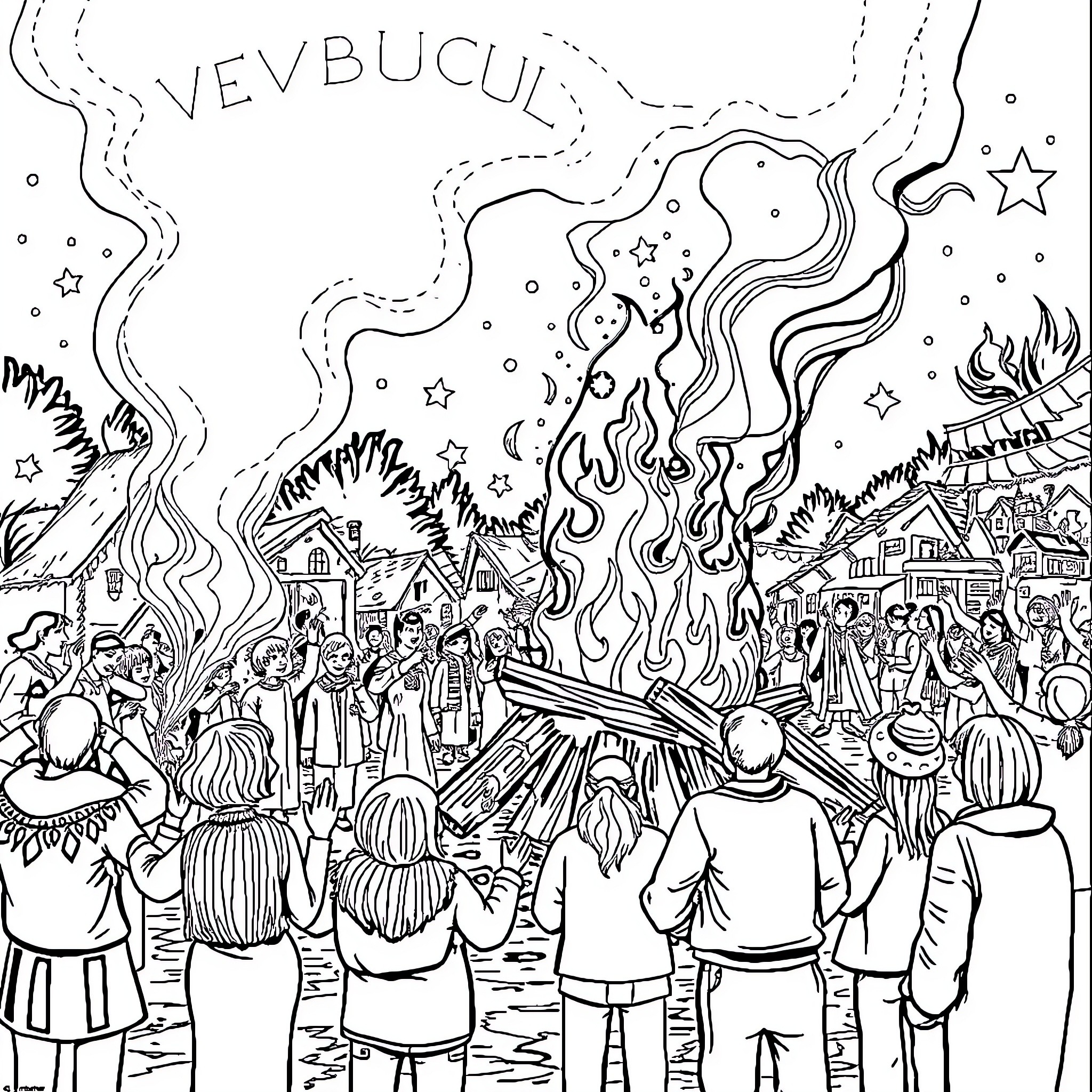 Vreugdevuur: Celebration of Fire and Community Coloring Page (free black-and-white line drawing printable PDF for all, from beginners to advanced learners, including children, teens, adults, and seniors)