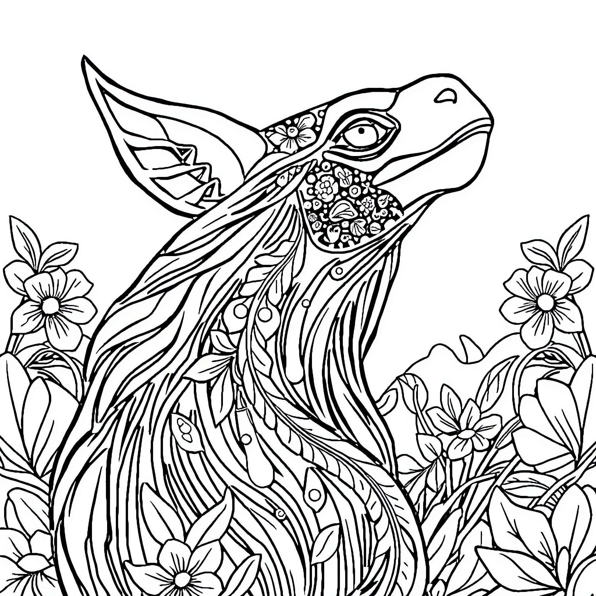Siren of the Floral Oasis Coloring Page (free black-and-white line drawing printable PDF for all, from beginners to advanced learners, including children, teens, adults, and seniors)