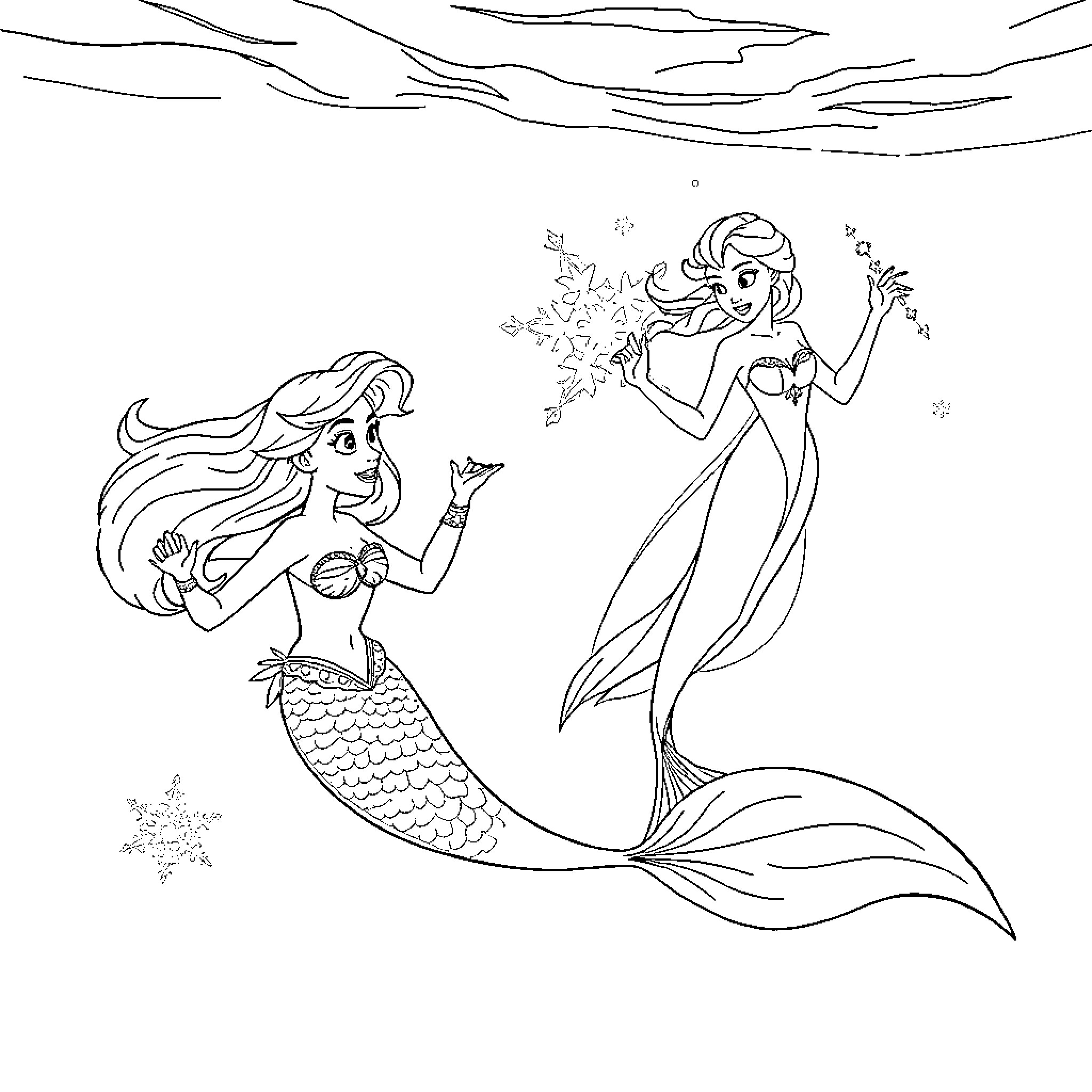 Ariel and Elsa, Mermaid Friends Splashing in the Sea Coloring Page (free black-and-white line drawing printable PDF for all, from beginners to advanced learners, including children, teens, adults, and seniors)