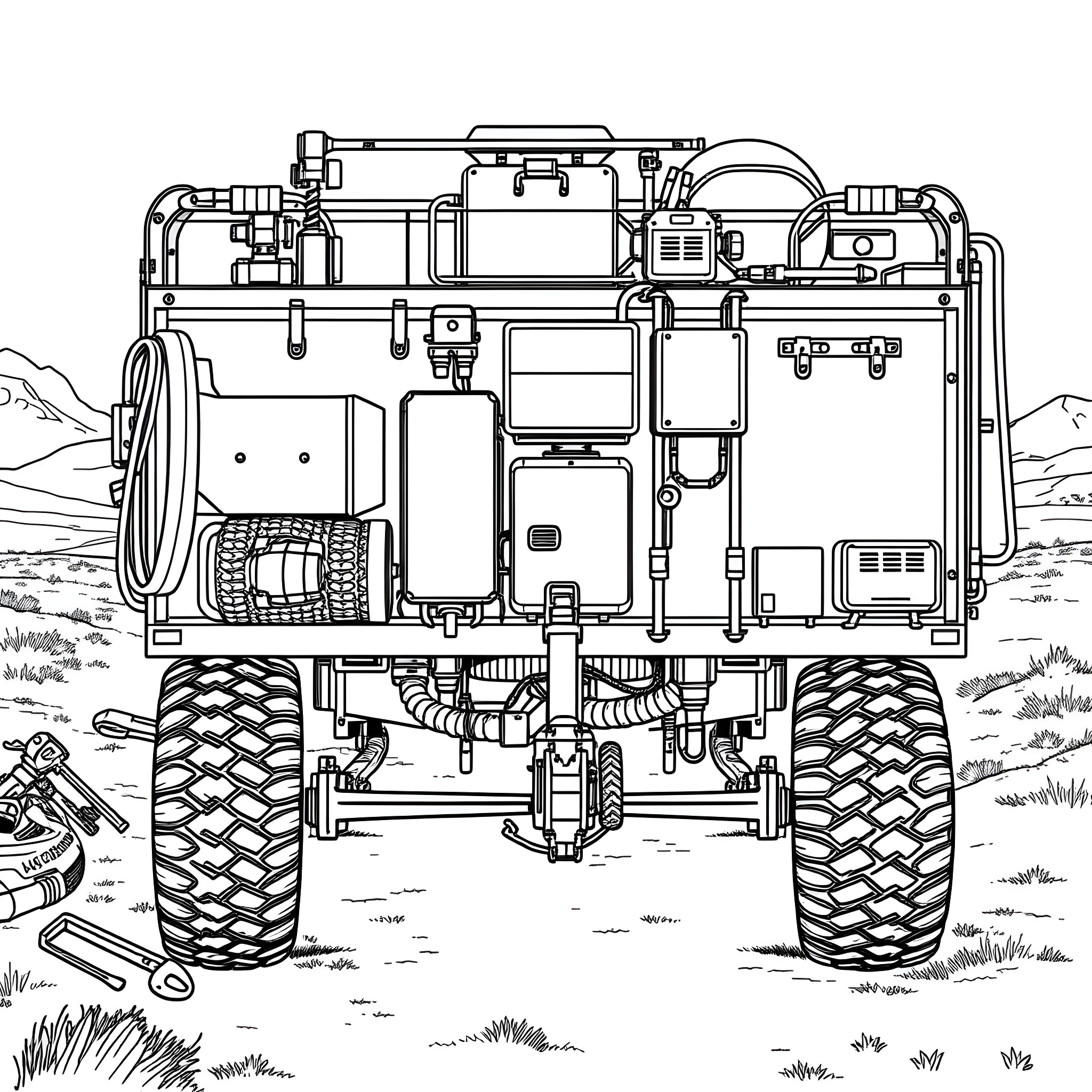 Trailer of a heavy-duty off-road vehicle with rugged tires Coloring Page (free black-and-white line drawing printable PDF for all, from beginners to advanced learners, including children, teens, adults, and seniors)
